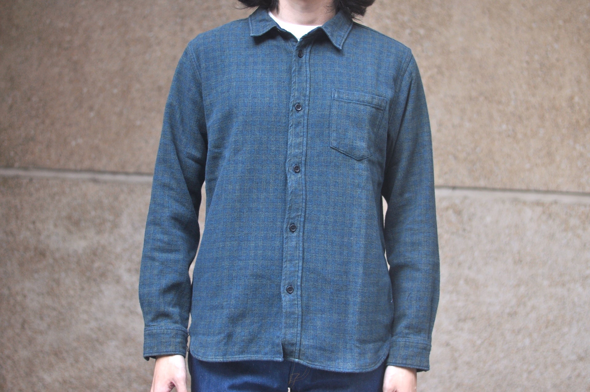 Pure Blue Japan 11oz “Indigo-Overdyed” Cotton Tweed Flannel Work Shirt (Green)