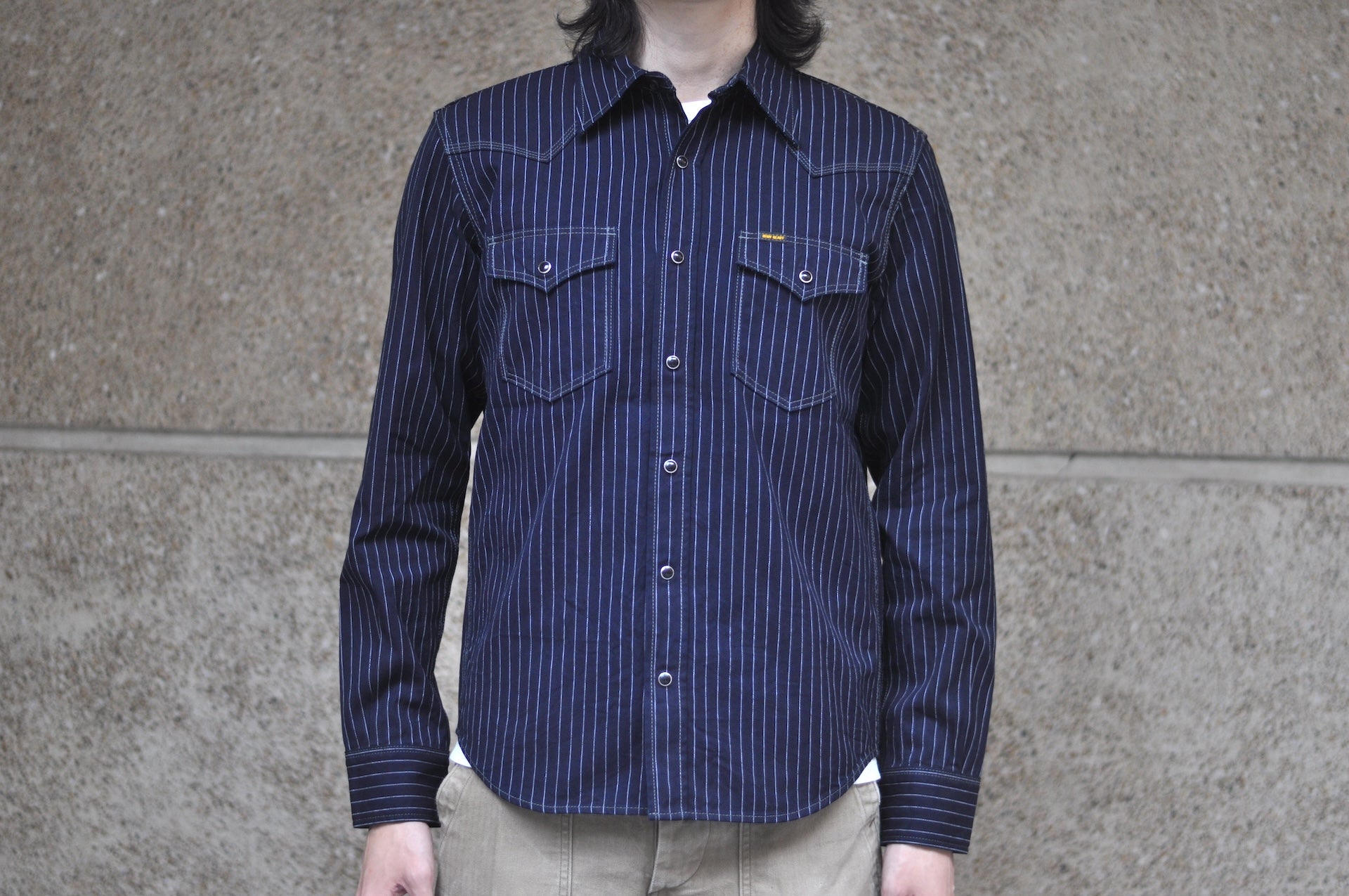 Iron Heart 8.5oz Indigo Dyed Herringbone Stripe Western Shirt