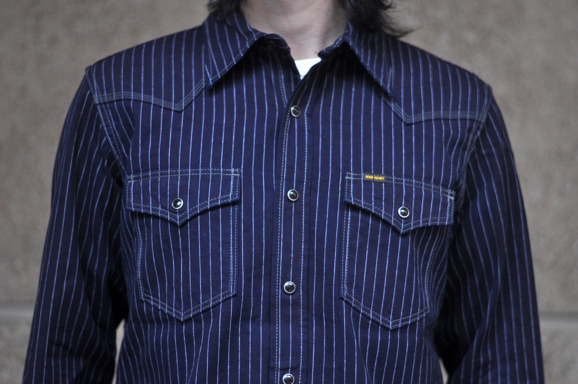 Iron Heart 8.5oz Indigo Dyed Herringbone Stripe Western Shirt