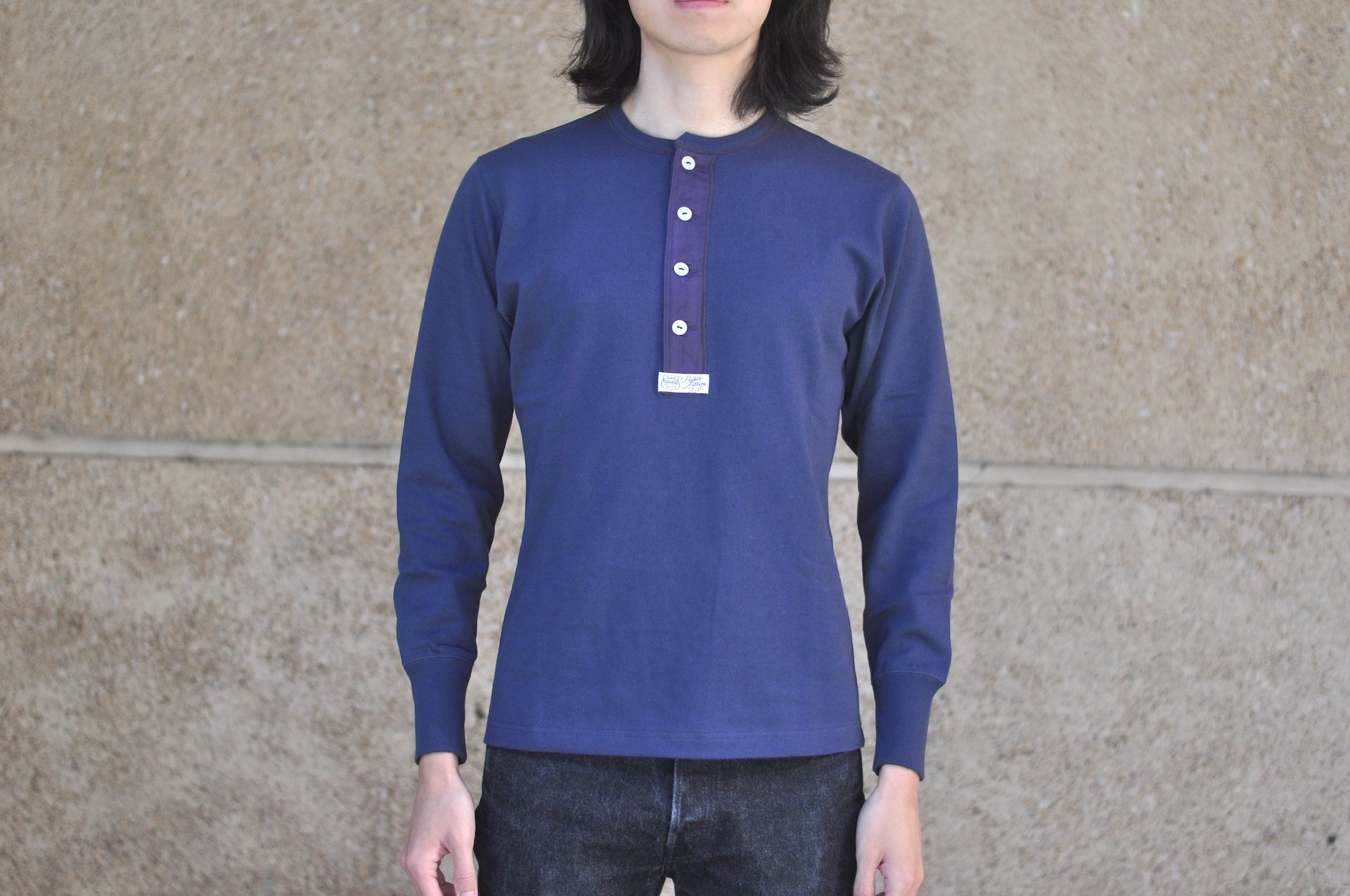 Freewheelers Heavyweight Henley Necked Long Sleeve Shirt (Dry Navy)