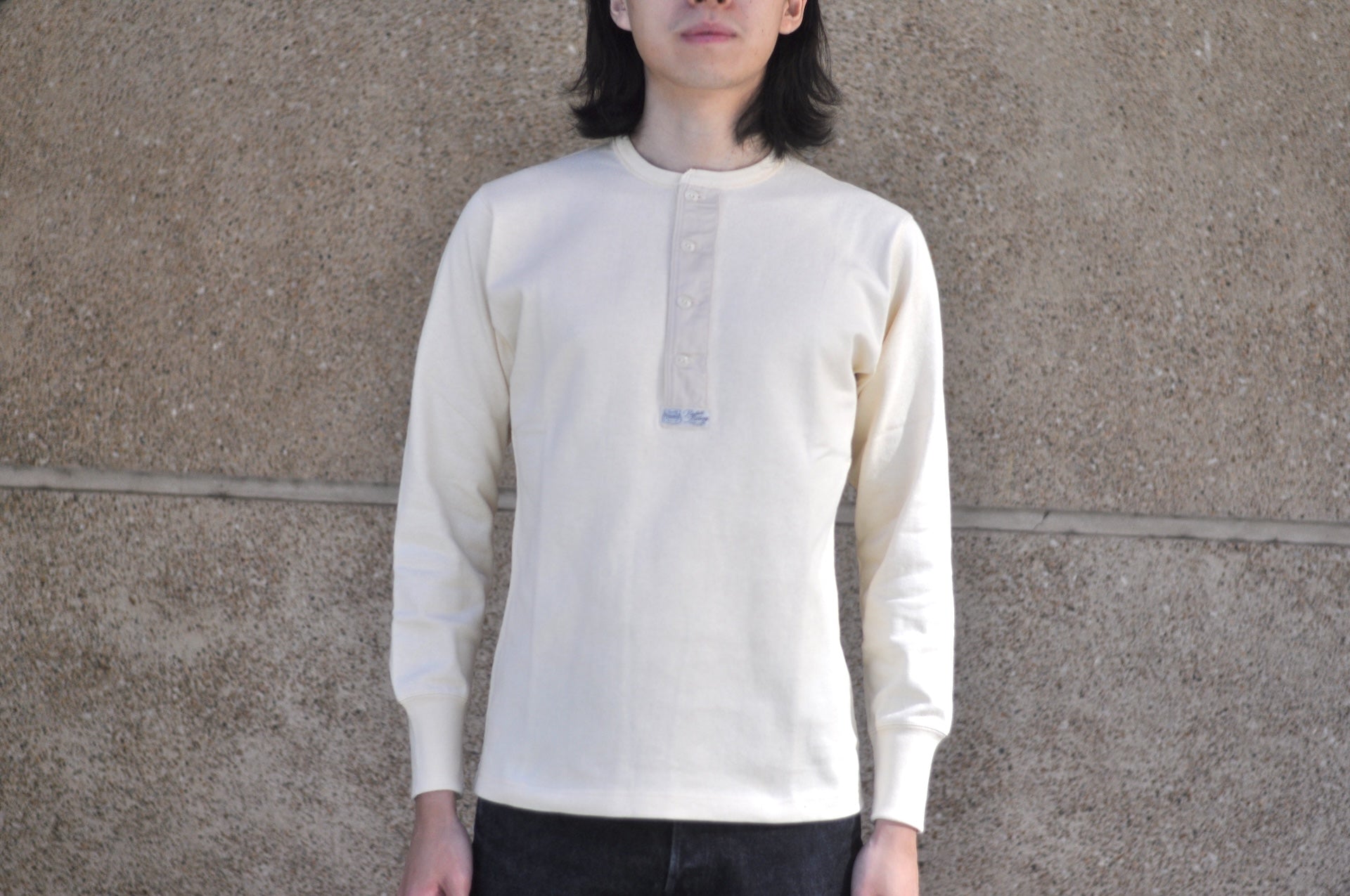Freewheelers Heavyweight Henley Necked Long Sleeve Shirt (Straw Cream)