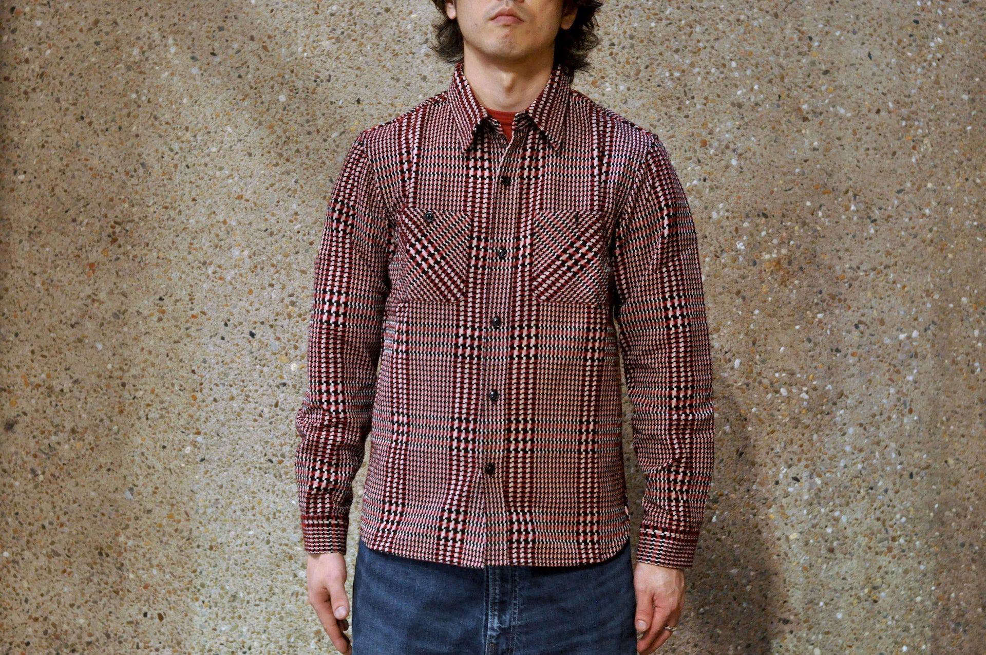 The Flat Head 12oz Glencheck Selvage Flannel Workshirt (Wine)