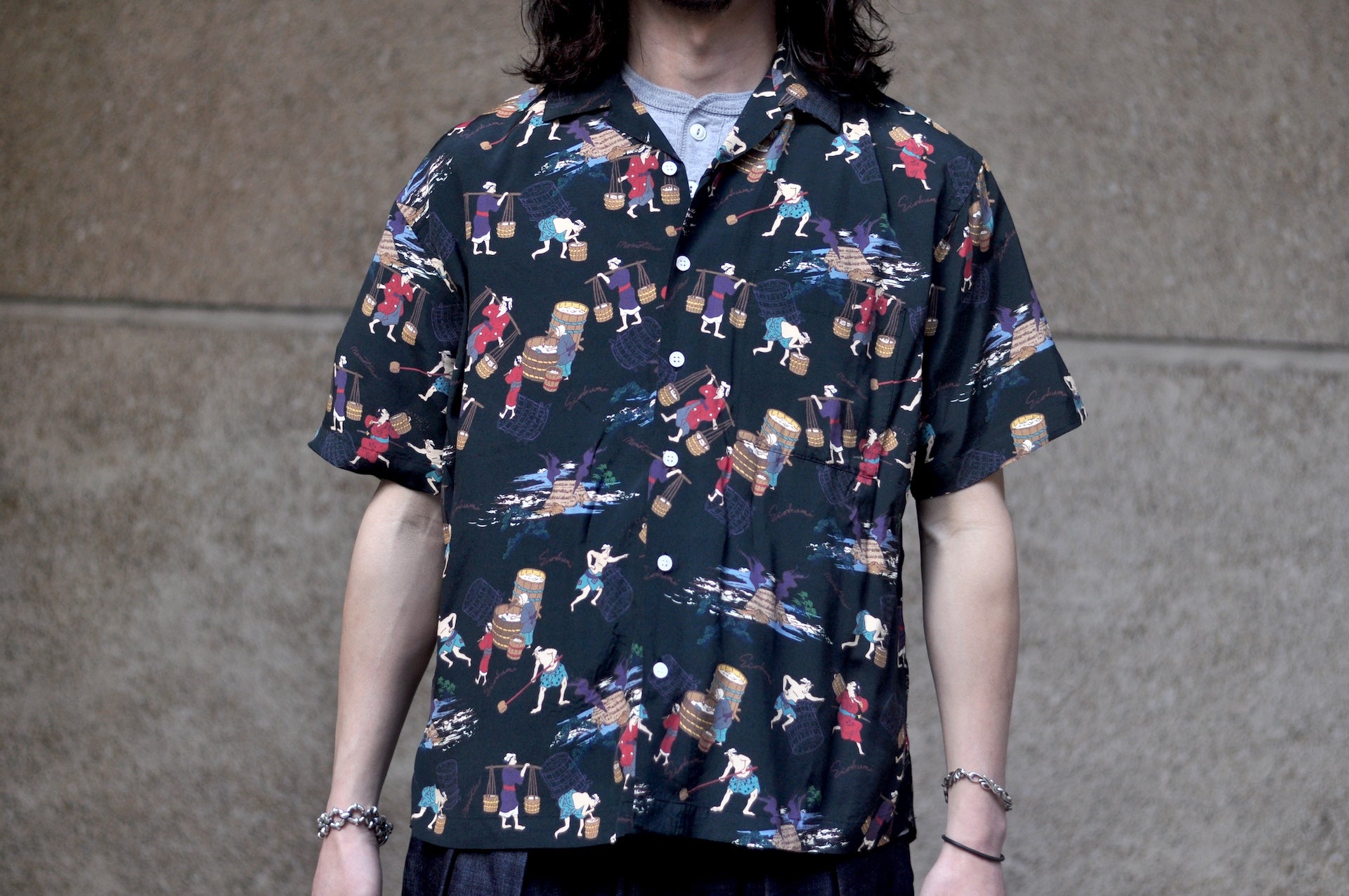 MOMOTARO JEANS “Art of Sake Making” S/S Aloha Shirt (Black)
