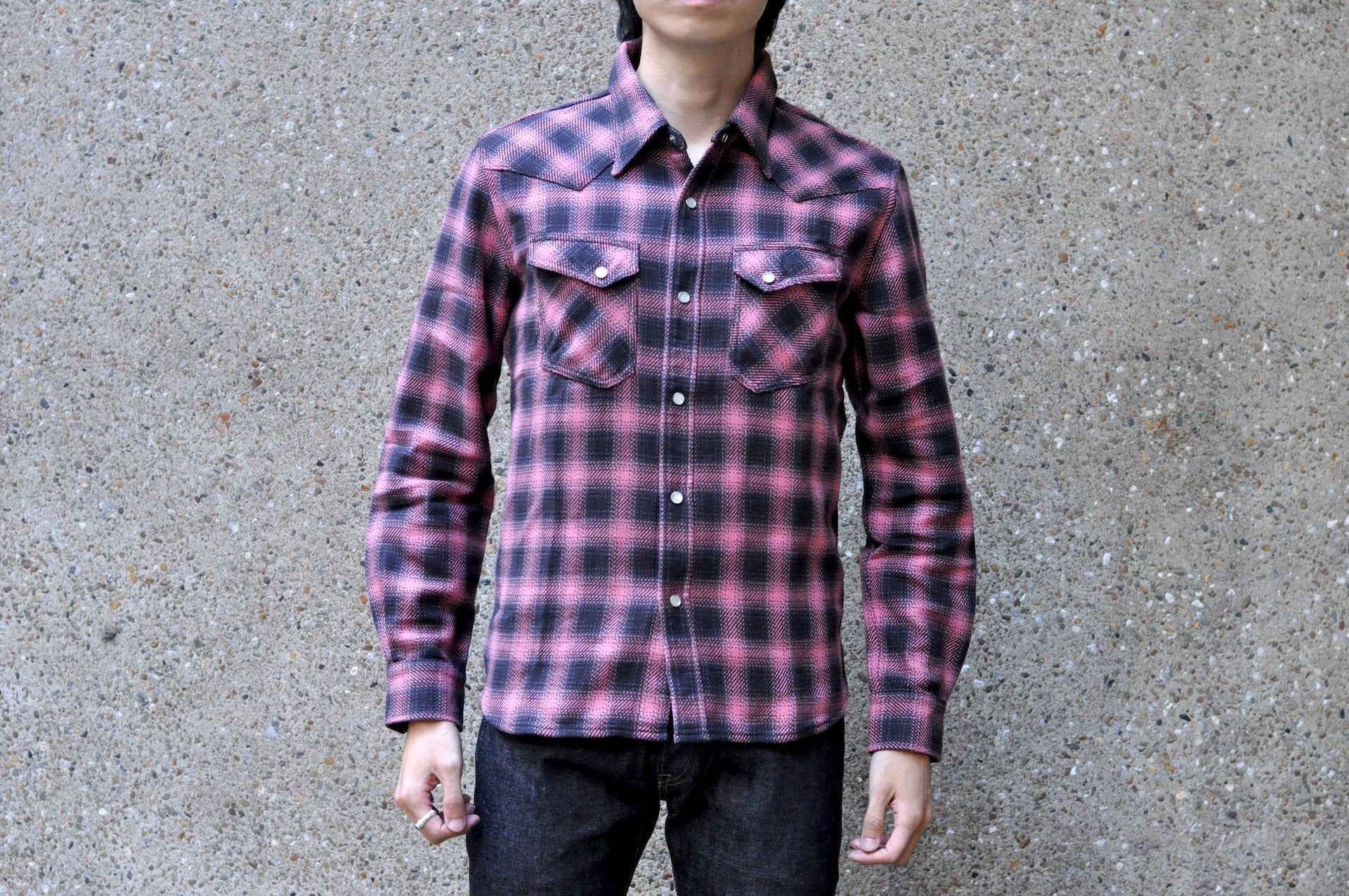 The Flat Head 12oz Ombre Check Selvage Flannel Western Shirt (Cherry Red)