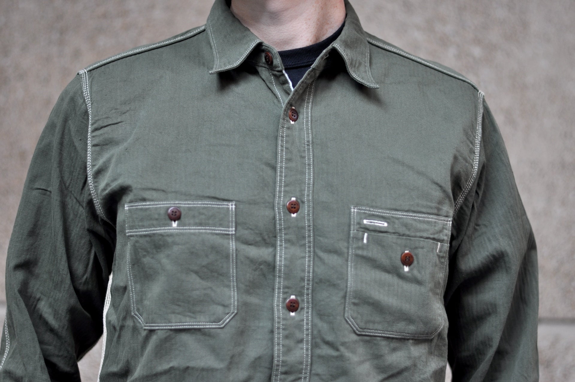 Samurai 6oz Selvage Herringbone Twill Workshirt (Olive)