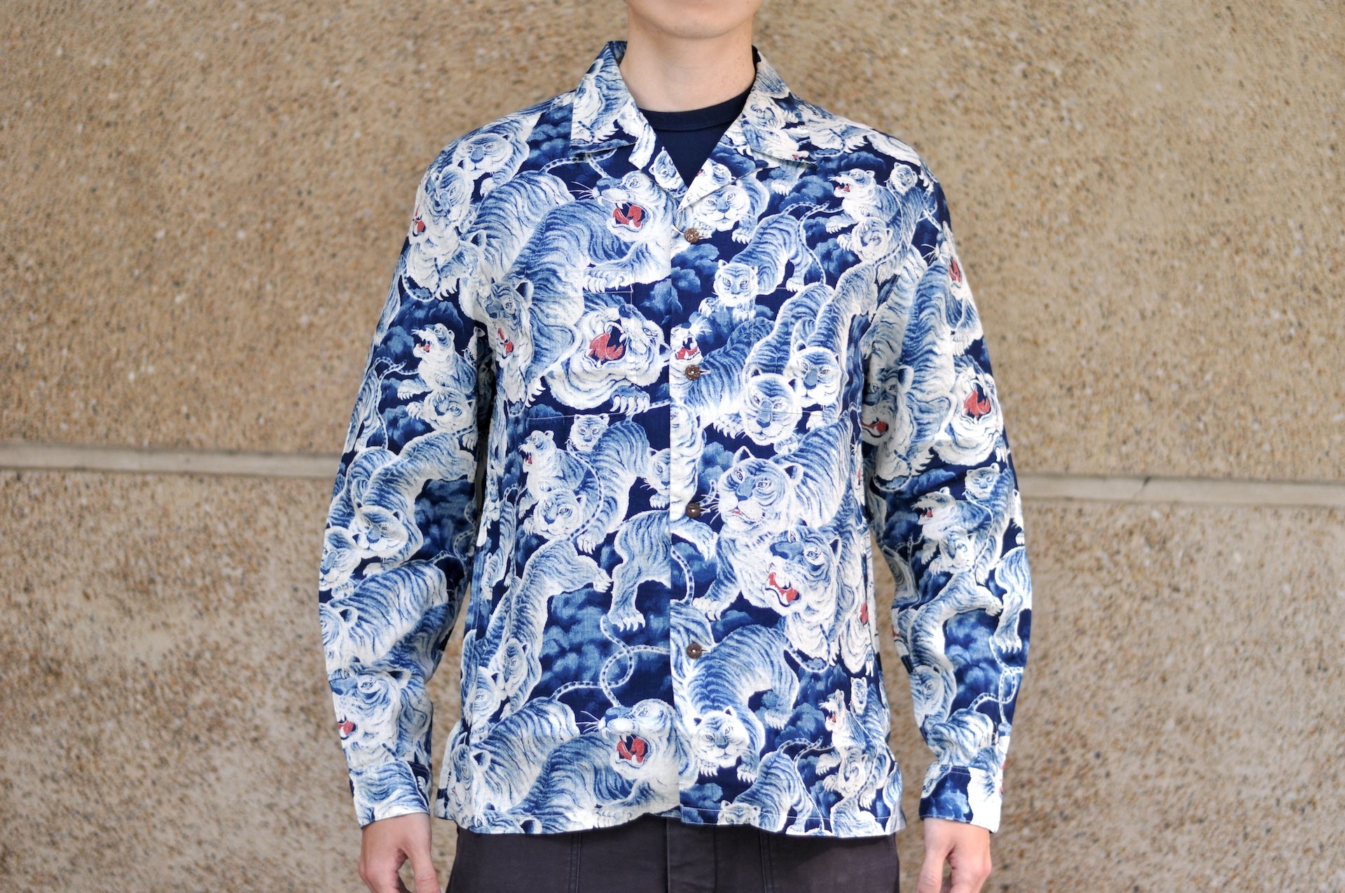 The Flat Head Indigo Dyed "Hundred Tigers" L/S Linen Open Collar Shirt