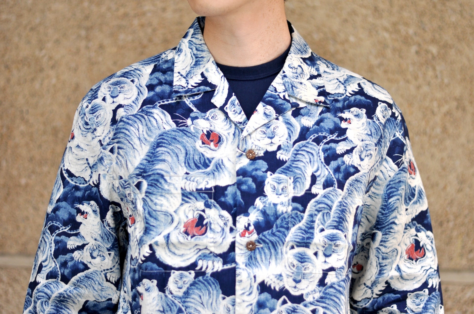 The Flat Head Indigo Dyed "Hundred Tigers" L/S Linen Open Collar Shirt