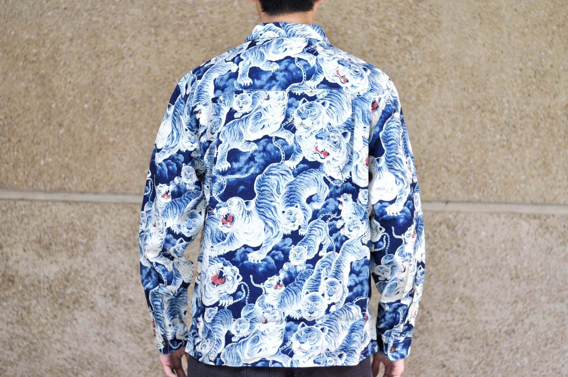 The Flat Head Indigo Dyed "Hundred Tigers" L/S Linen Open Collar Shirt