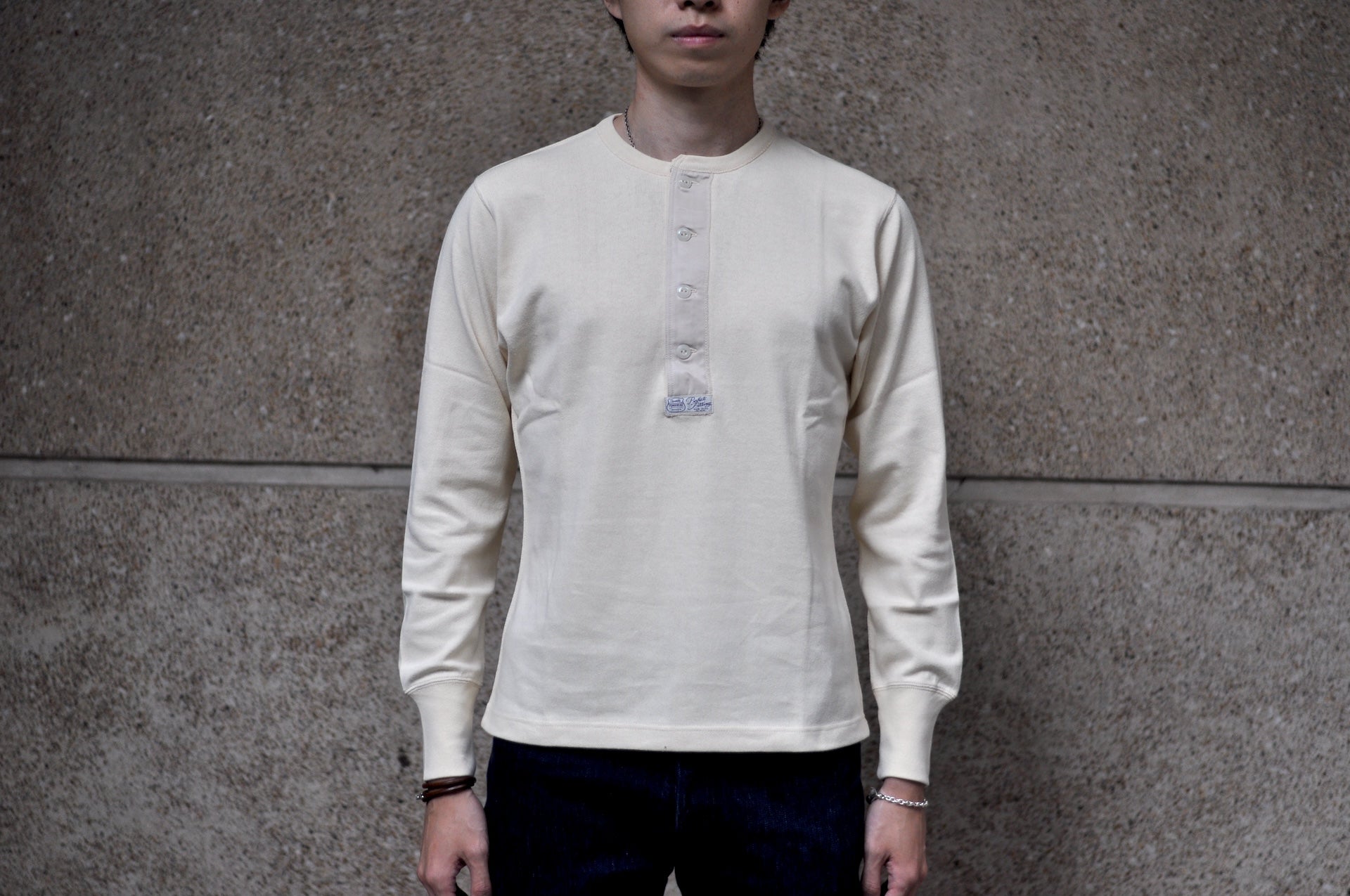 Freewheelers Heavyweight Henley Necked Long Sleeve Shirt (Straw Cream)