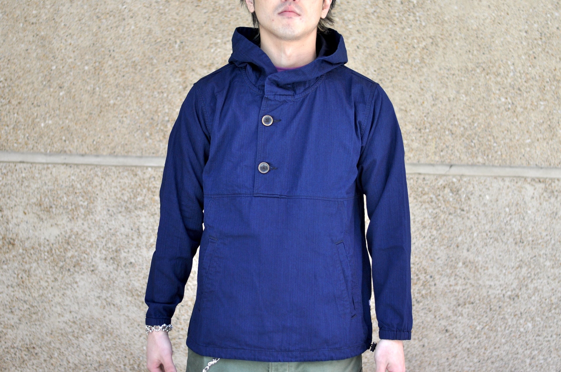 Pure Blue Japan "All-Seasons" HBT Hooded Pullover (Grand Indigo X Black)