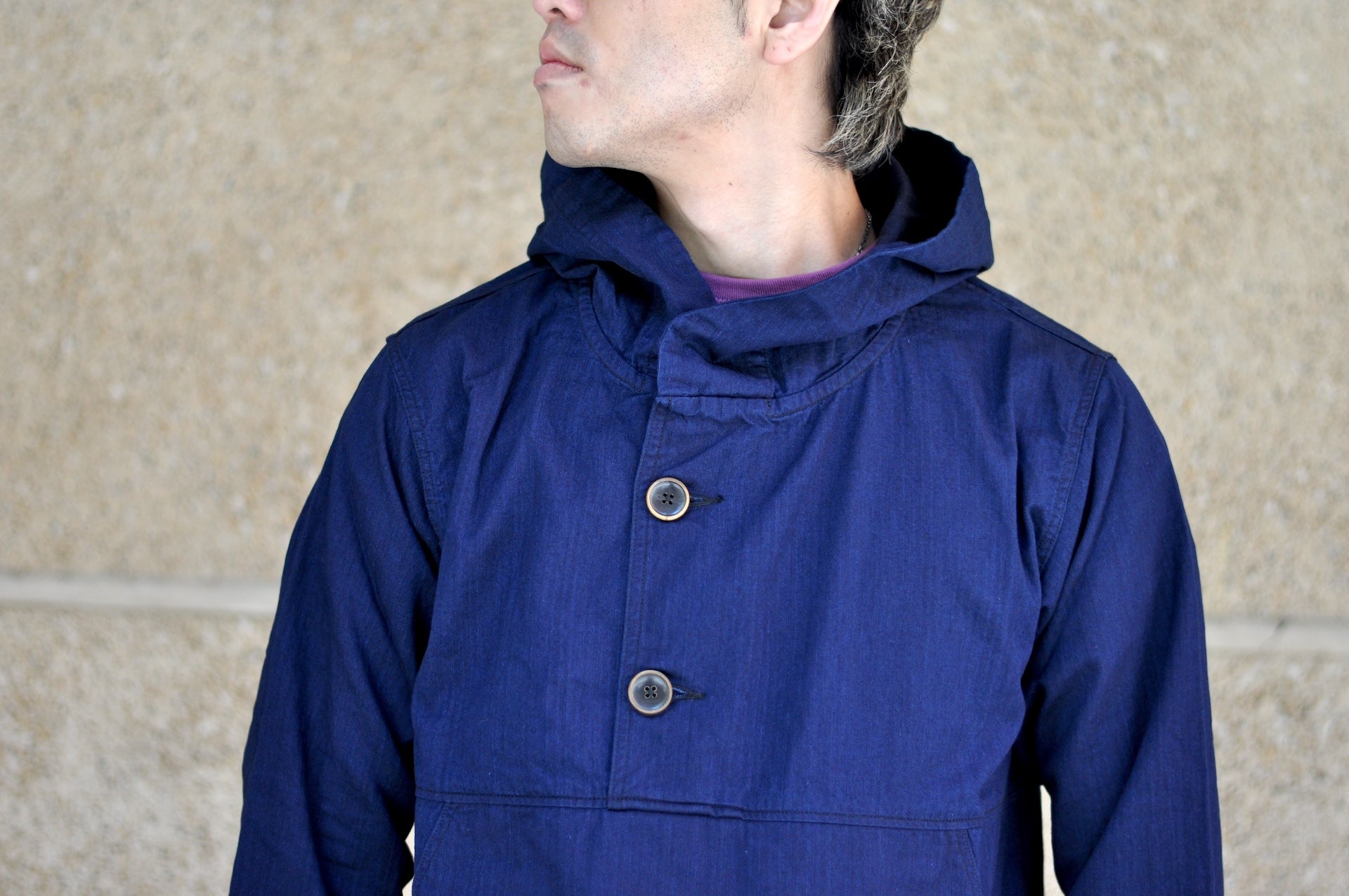 Pure Blue Japan "All-Seasons" HBT Hooded Pullover (Grand Indigo X Black)