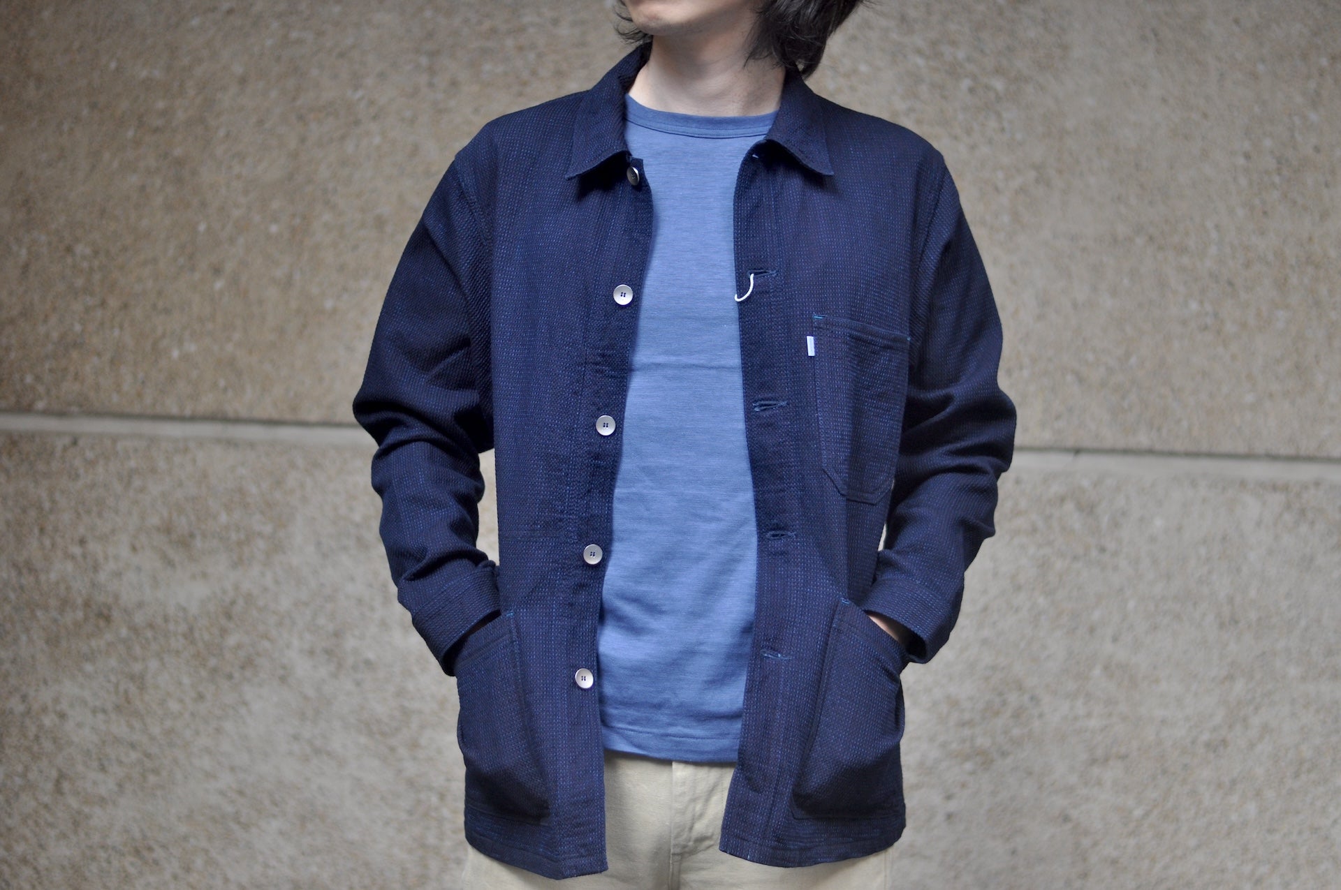 Omoto Denim 12oz Indigo Dyed "Cube Sashiko" Chore Jacket