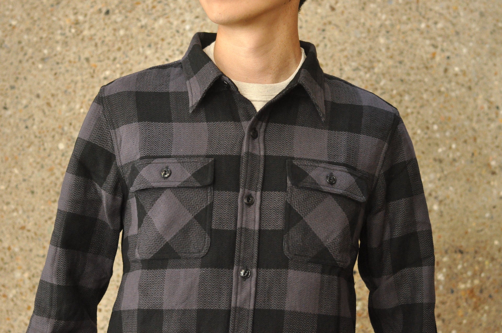 The Flat Head 12oz Selvage Flannel Workshirt (Black X Grey)