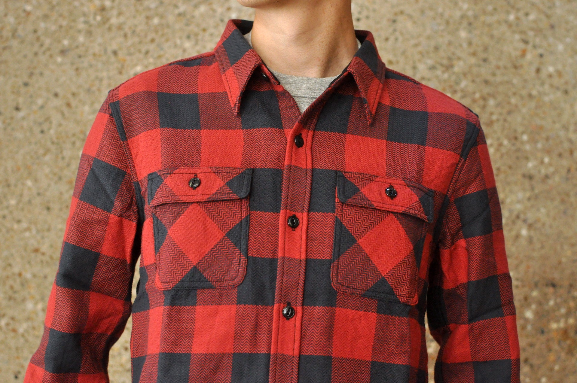 The Flat Head 12oz Selvage Flannel Workshirt (Black X Red)