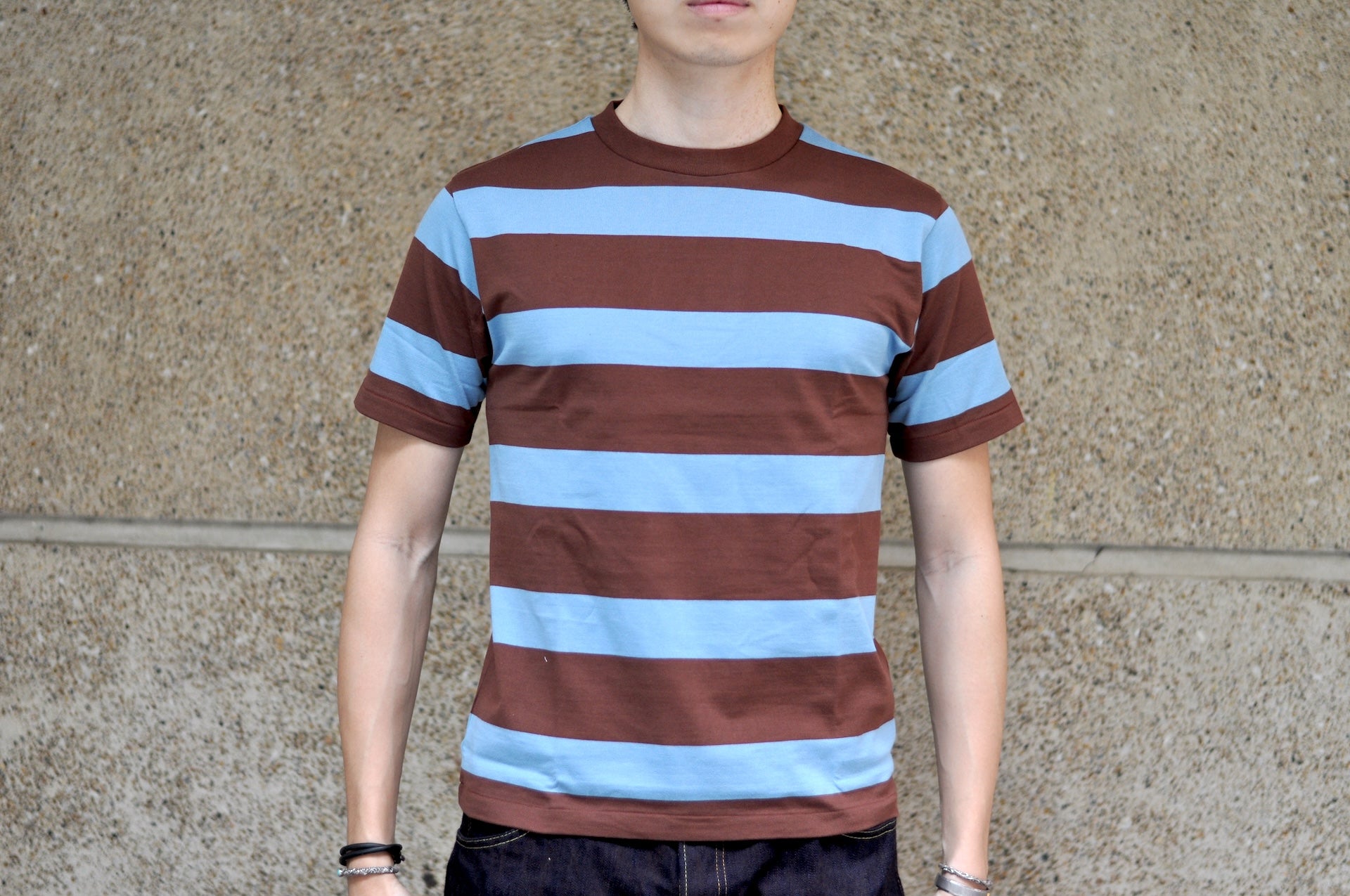 Warehouse 5.5oz "Old School" Loopwheeled Border Tee (Sax Blue X Brown)