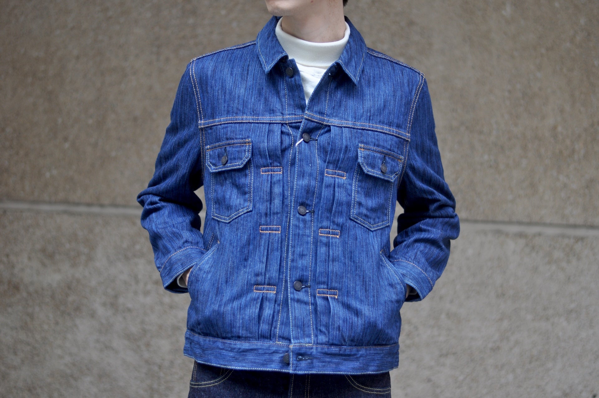 Pure Blue Japan 14.5oz Indigo Dyed “Waterfall” Type 2 Denim Jacket (Midnight)