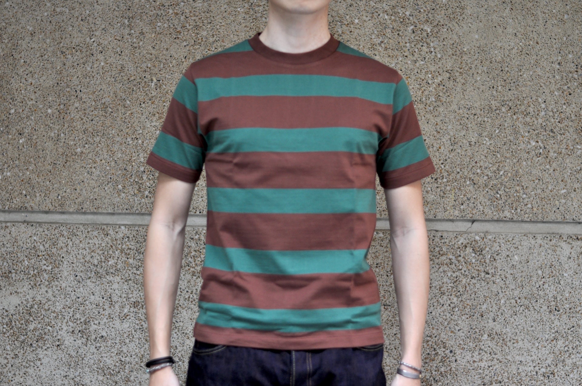 Warehouse 5.5oz "Old School" Loopwheeled Border Tee (Green X Brown)