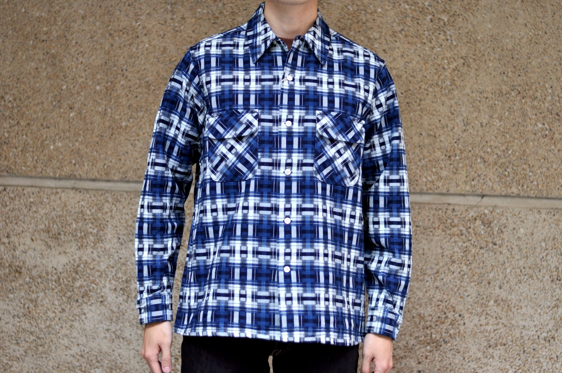 Samurai "Broken Lattice" Natural Indigo Dyed Open Collar L/S Shirt