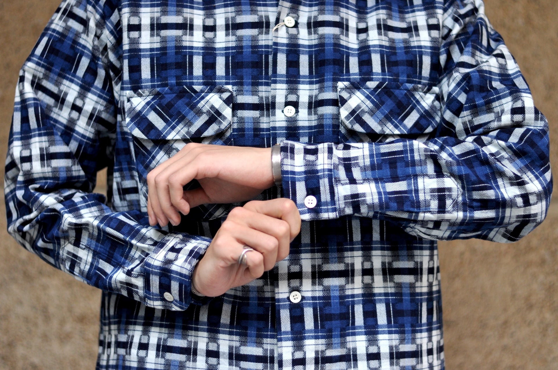 Samurai "Broken Lattice" Natural Indigo Dyed Open Collar L/S Shirt