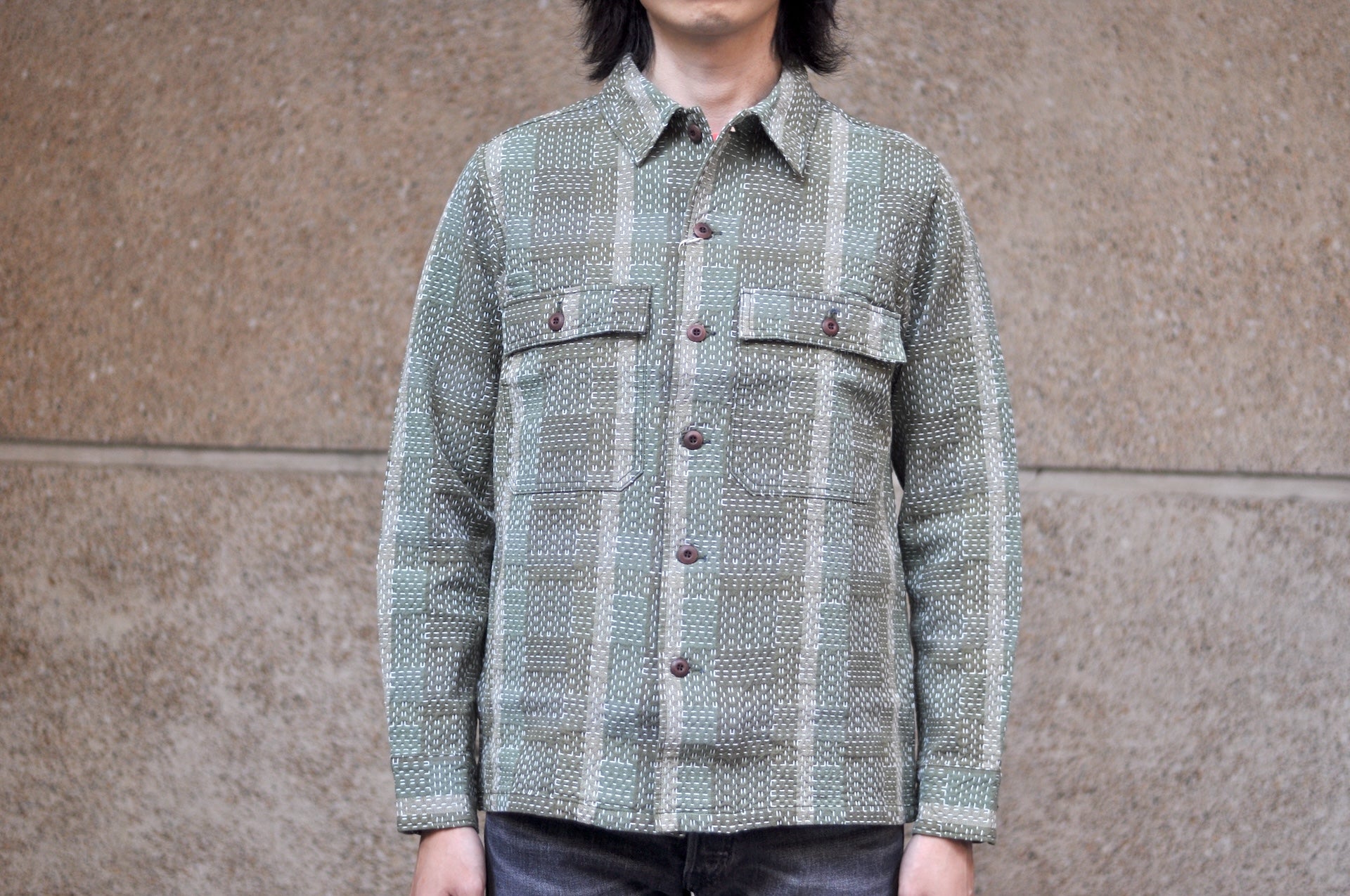 Studio D'Artisan 12oz "Noragi" Sashiko Officer Workshirt (Olive)