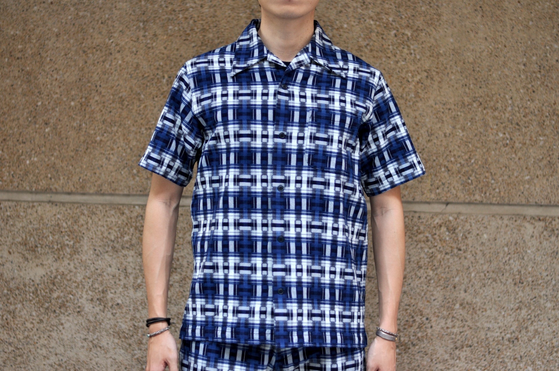 Samurai "Broken Lattice" Natural Indigo Dyed Open Collar S/S Shirt