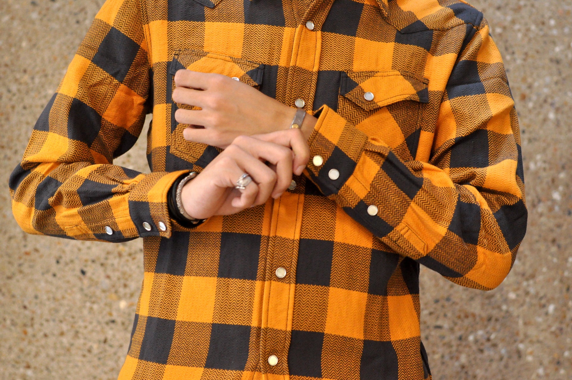 The Flat Head 12oz Selvage Flannel Western Shirt (Black X Orange)