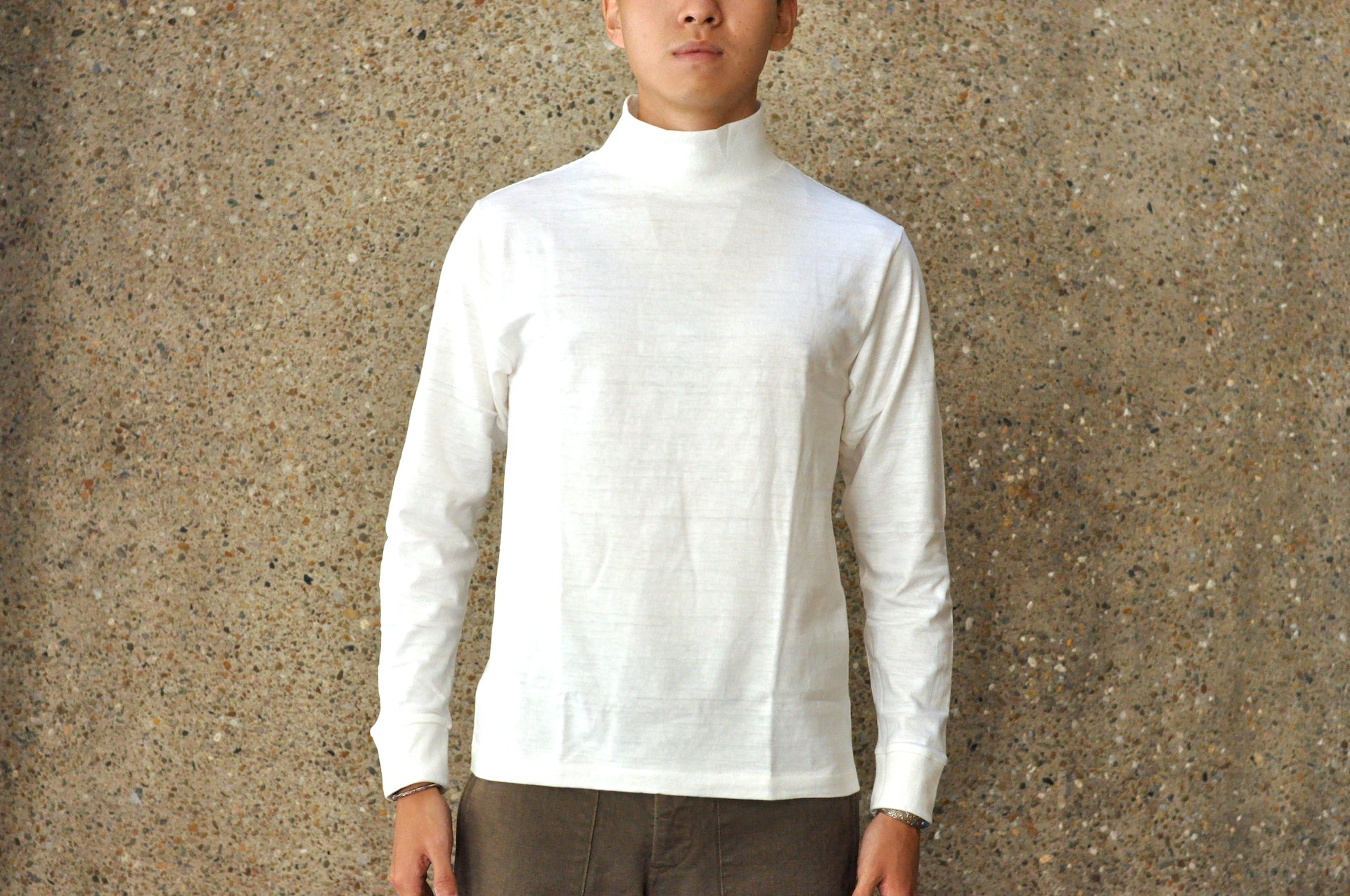 Warehouse 5.5oz "Bamboo Textured" L/S High Neck Tee (White)