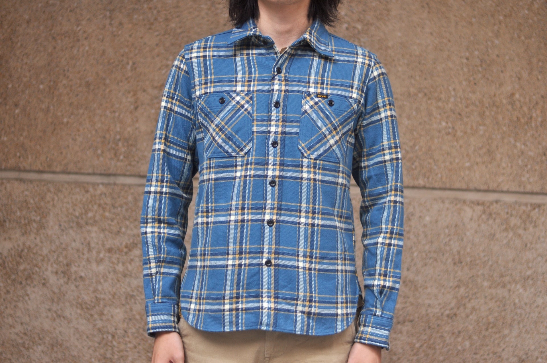 Iron Heart Ultra-Heavy Flannel Crazy Check Work Shirt (Cerulean Blue)