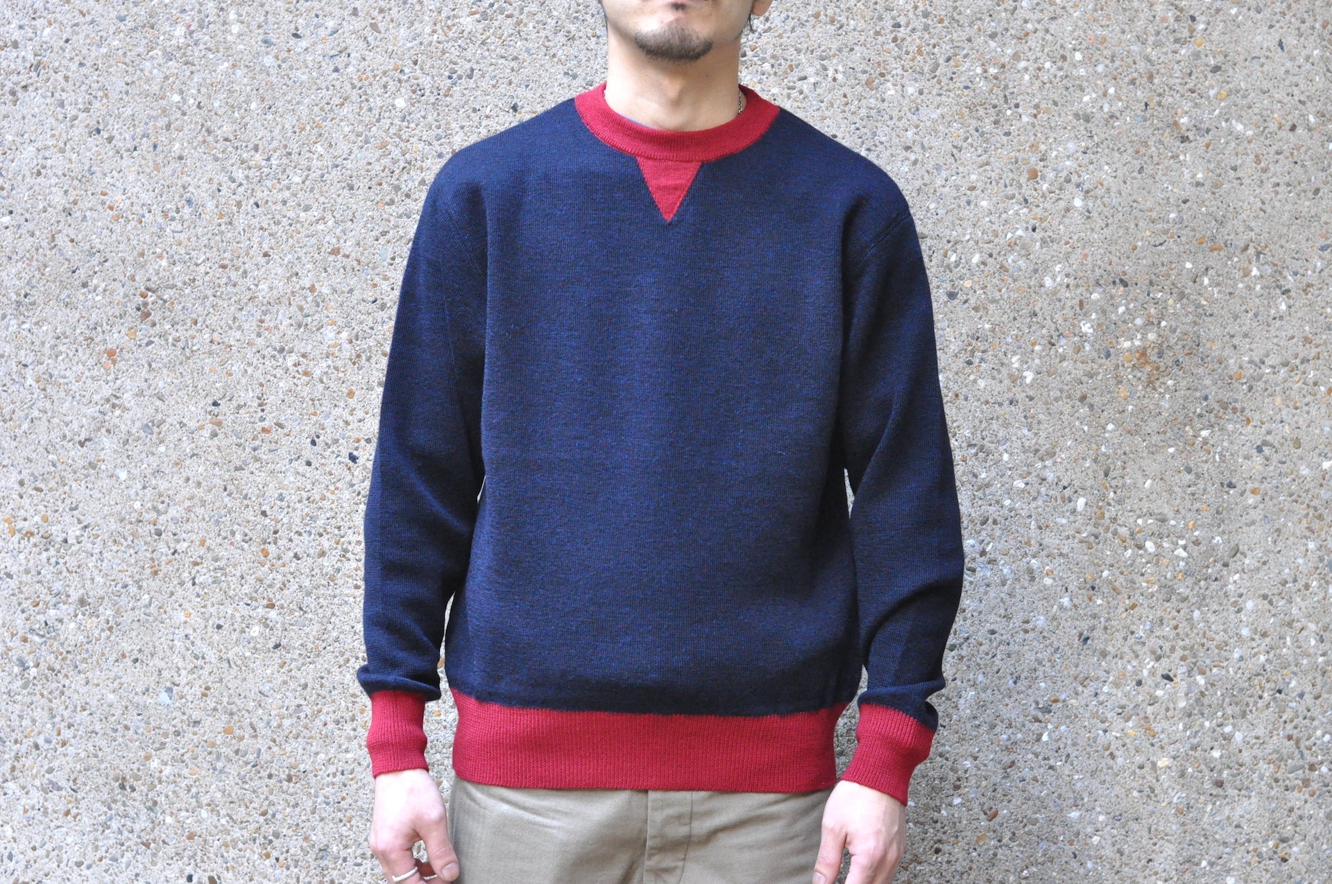 Stevenson Overall Co. Double V Gusset Wool Sweater (Navy X Red)