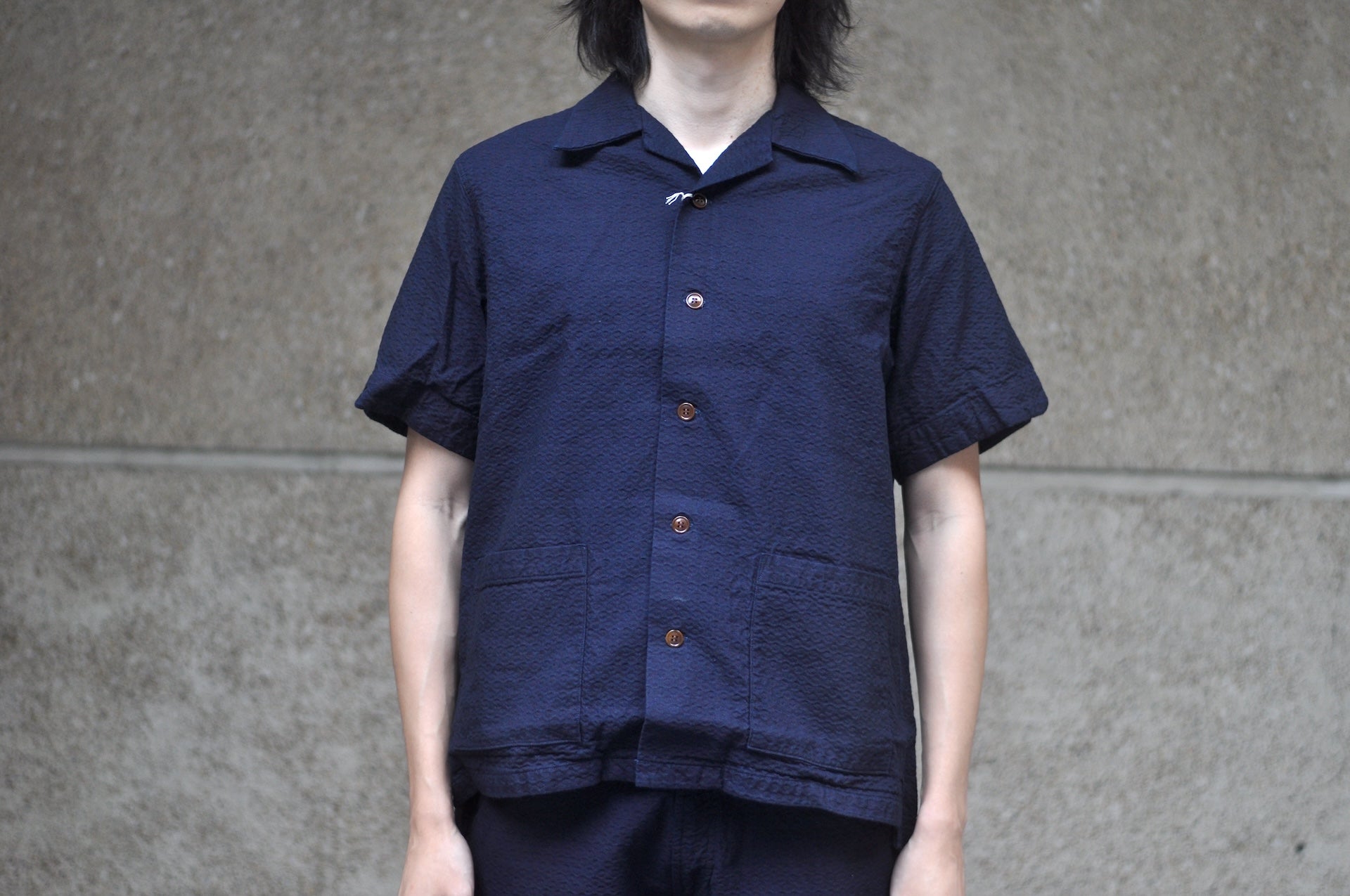 Studio D'Artisan Indigo Dyed Double-Layered Dobby S/S Open Collar Shirt