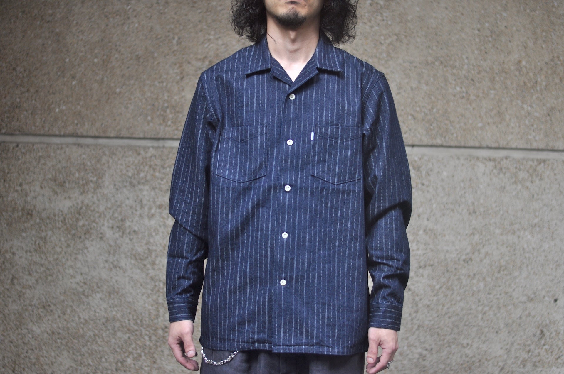 Omoto Denim 8oz Indigo Dyed Striped Denim Open Collar Workshirt