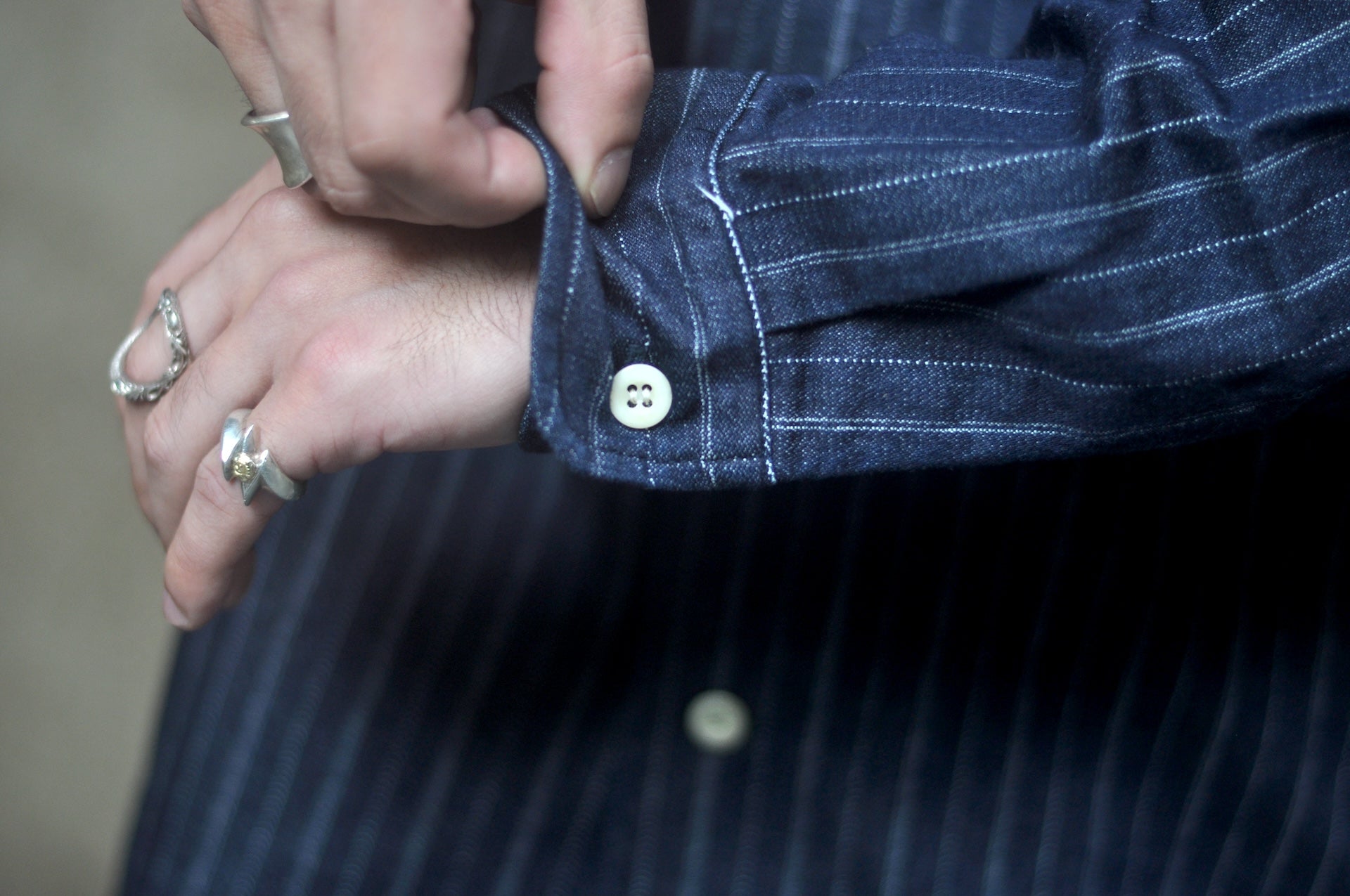 Omoto Denim 8oz Indigo Dyed Striped Denim Open Collar Workshirt