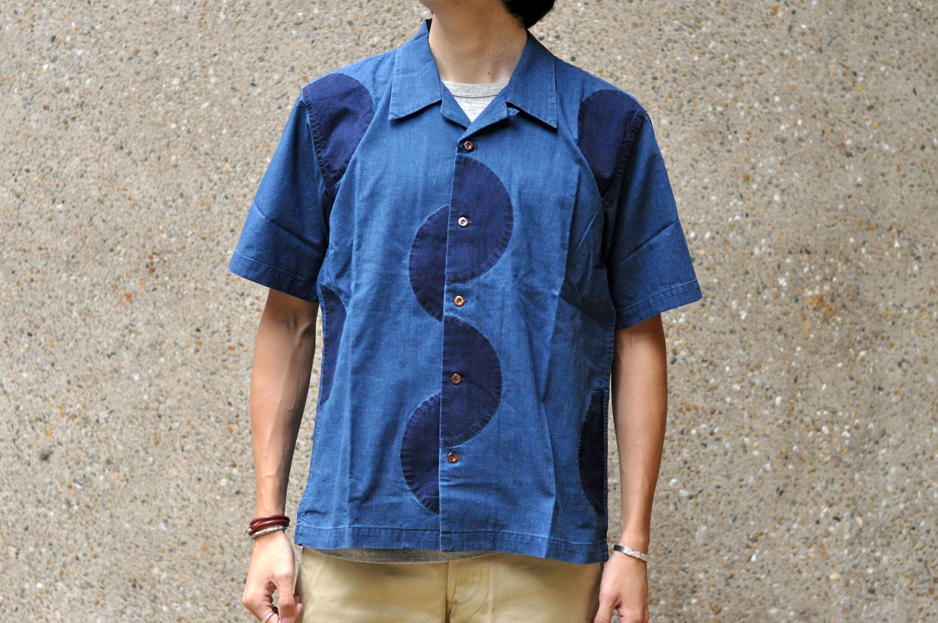 Maru Sankaku Peke by SDA Indigo “Rising Sun” S/S Open Collar Shirt