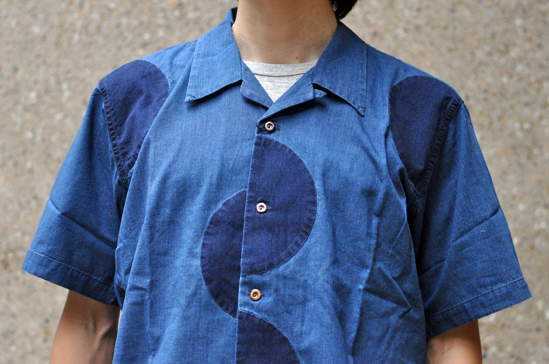 Maru Sankaku Peke by SDA Indigo “Rising Sun” S/S Open Collar Shirt