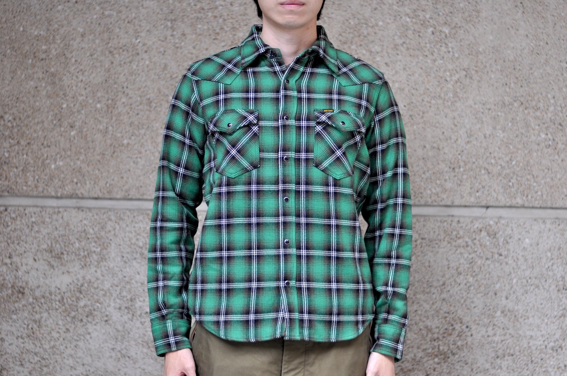 Iron Heart Ultra-Heavyweight Flannel Crazy Check Western Shirt (Grass Green)