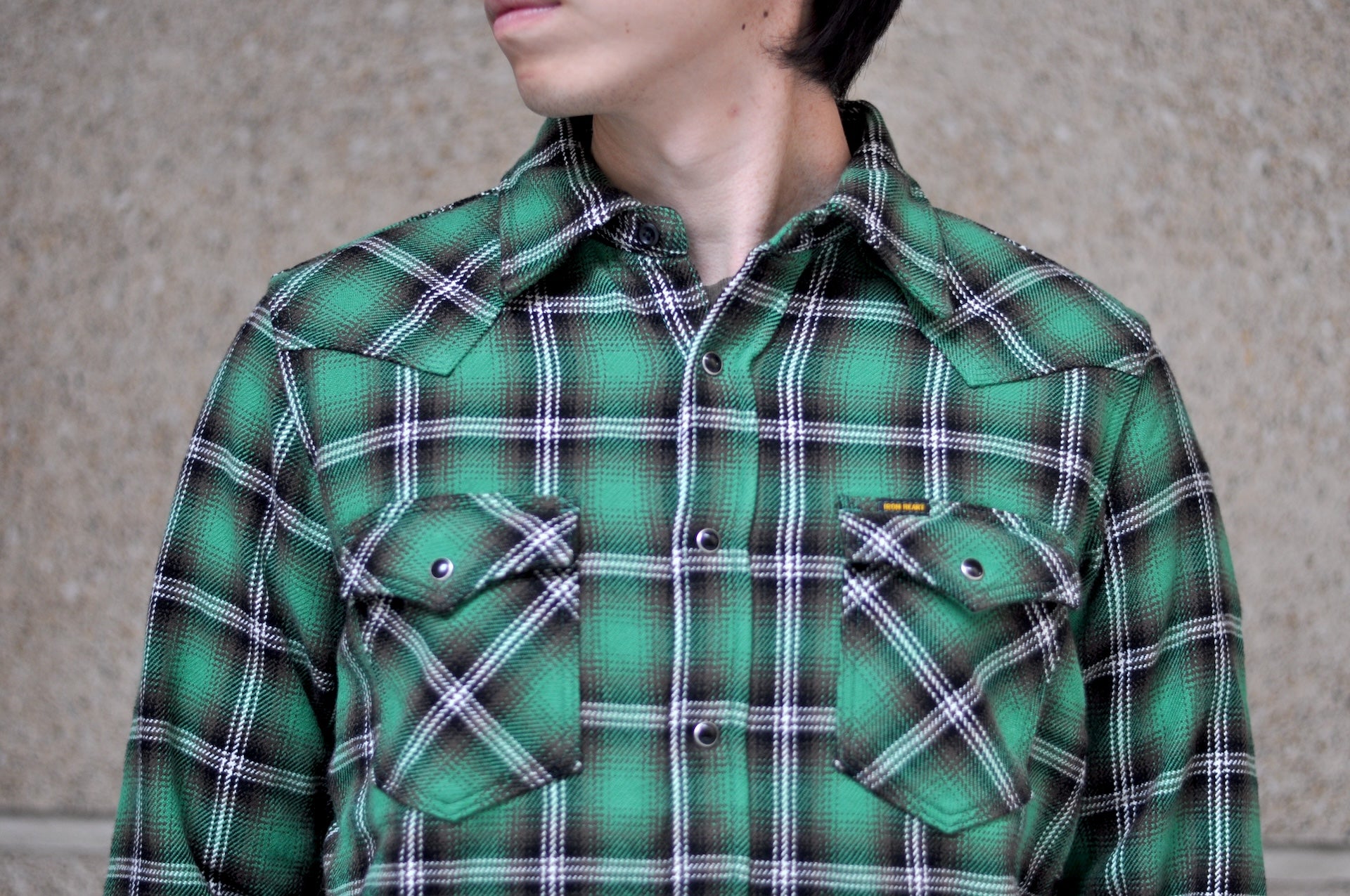 Iron Heart Ultra-Heavyweight Flannel Crazy Check Western Shirt (Grass Green)