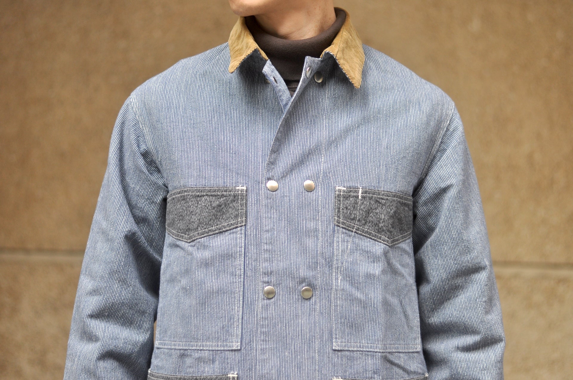 John Gluckow X Warehouse Co. 10oz Indigo Dyed Pinstripe Snap-Tite Chore Jacket