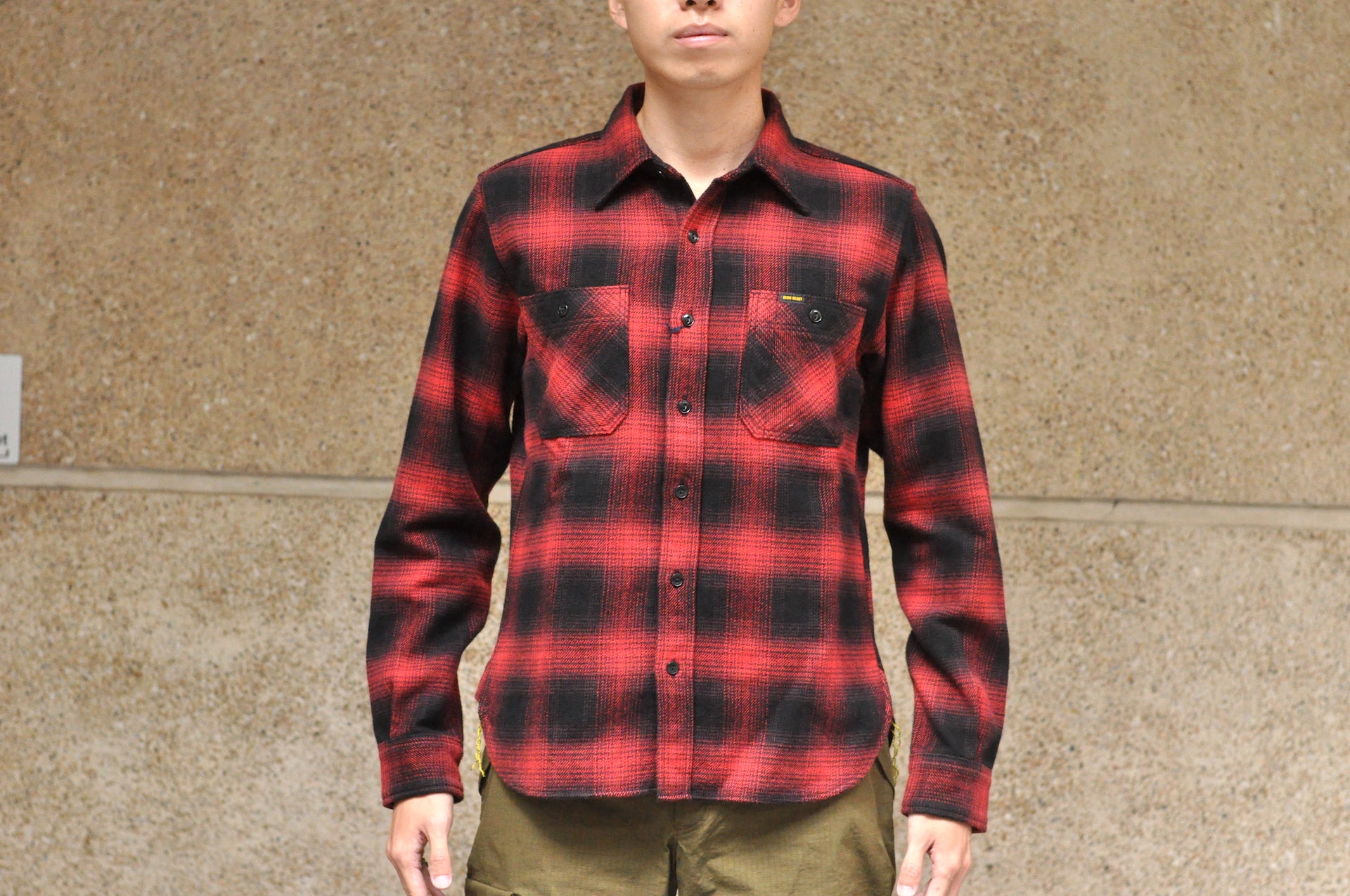 Iron Heart Ultra-Heavy Flannel Ombre Check Work Shirt (Red x Black)