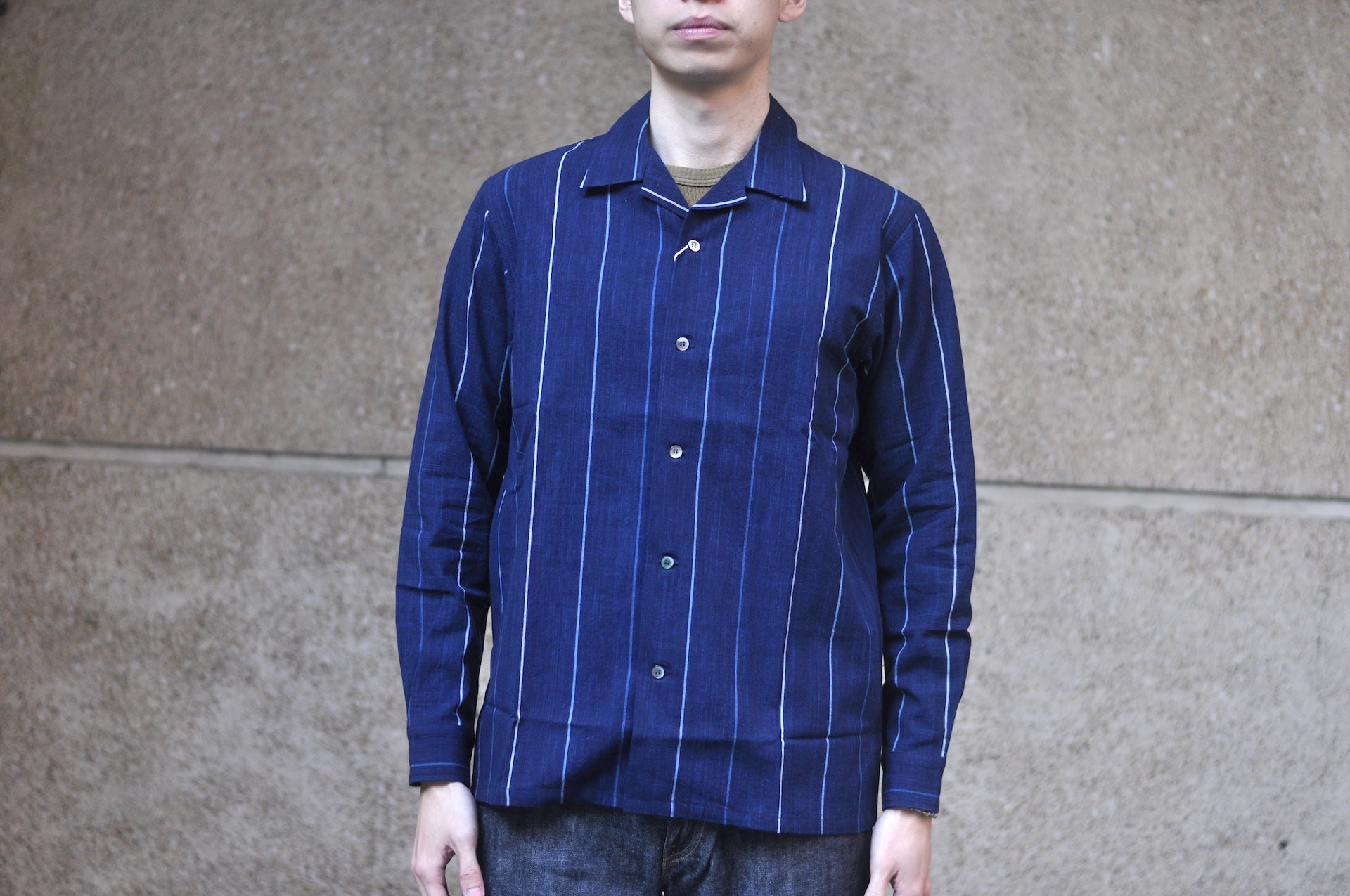 Omoto Denim 8oz Natural Indigo Dyed “Matsusaka-Jima” Open Collar Shirt
