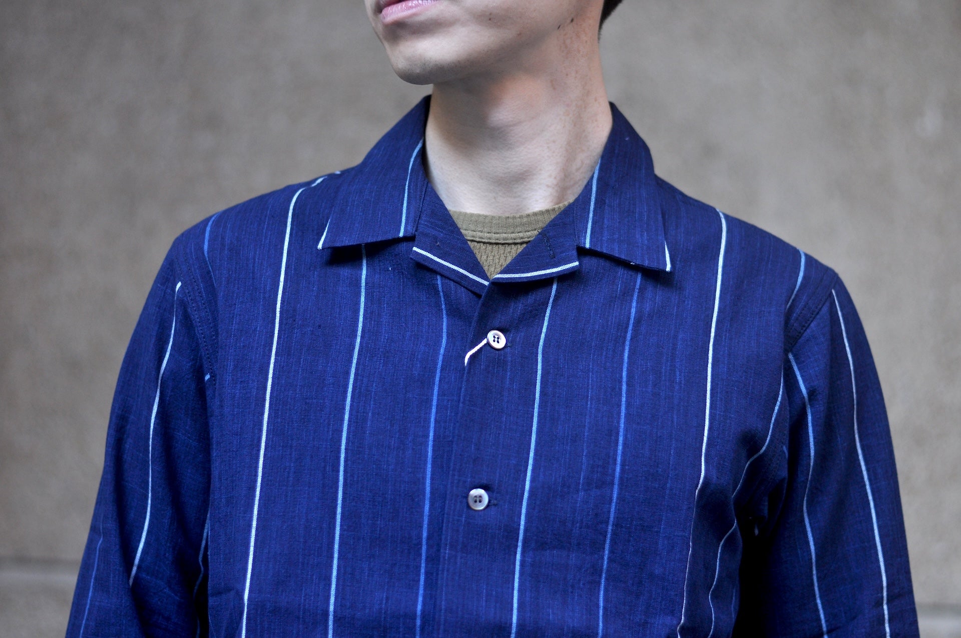 Omoto Denim 8oz Natural Indigo Dyed “Matsusaka-Jima” Open Collar Shirt