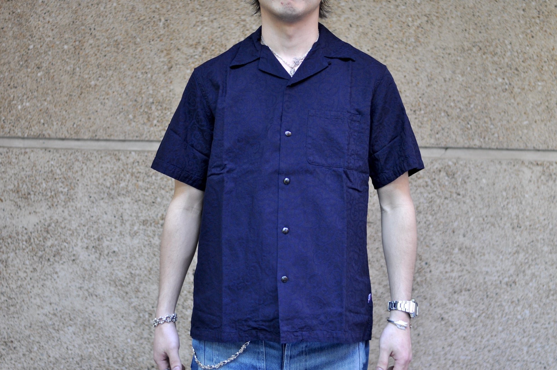 Pure Blue Japan 8oz Indigo Dyed "Arabesque" Jacquard S/S Open Collar Shirt