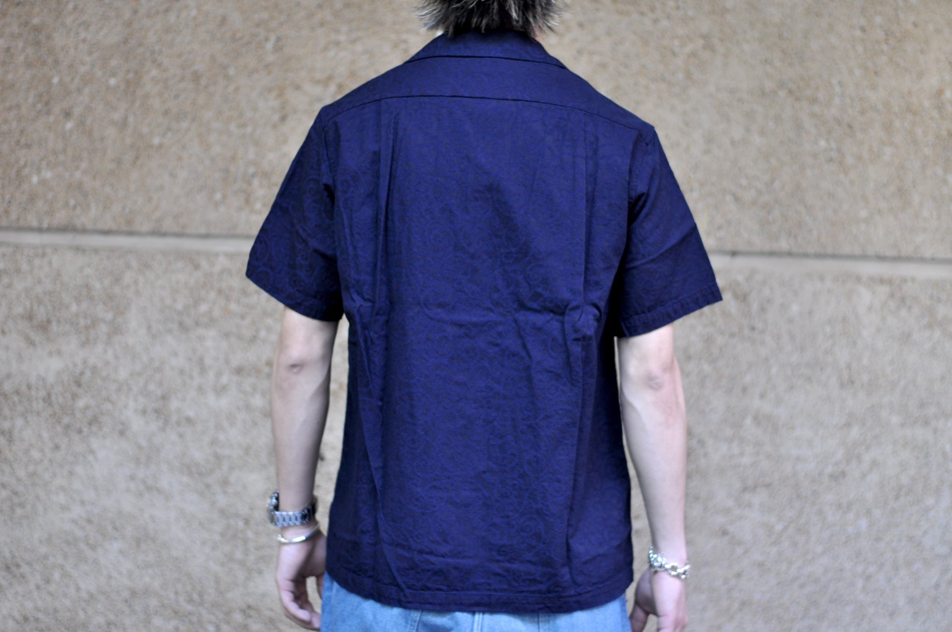 Pure Blue Japan 8oz Indigo Dyed "Arabesque" Jacquard S/S Open Collar Shirt