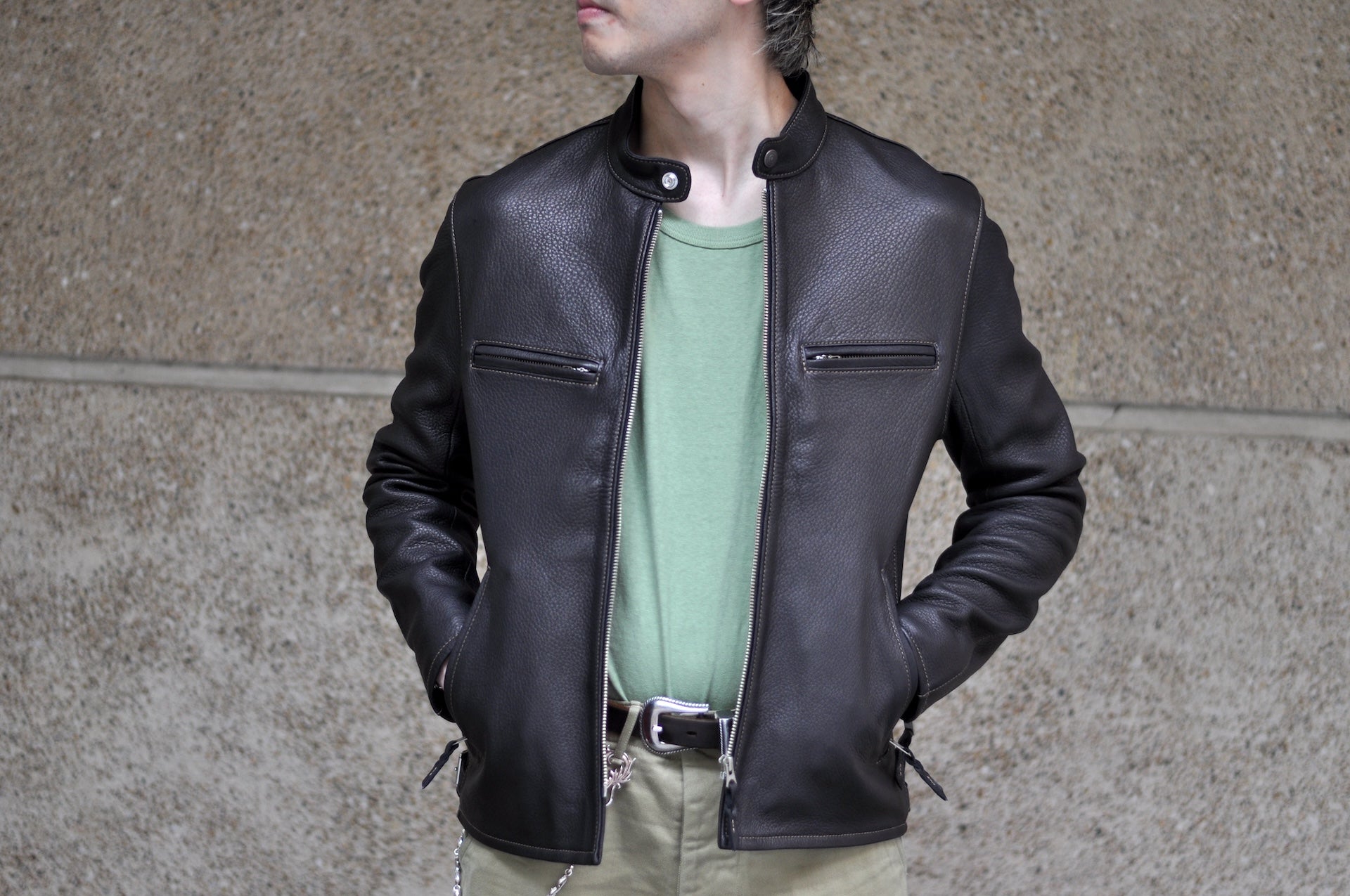 The Flat Head 'Ultimate' Deerskin Stand Collar Single Rider Jacket (Black Teacore)