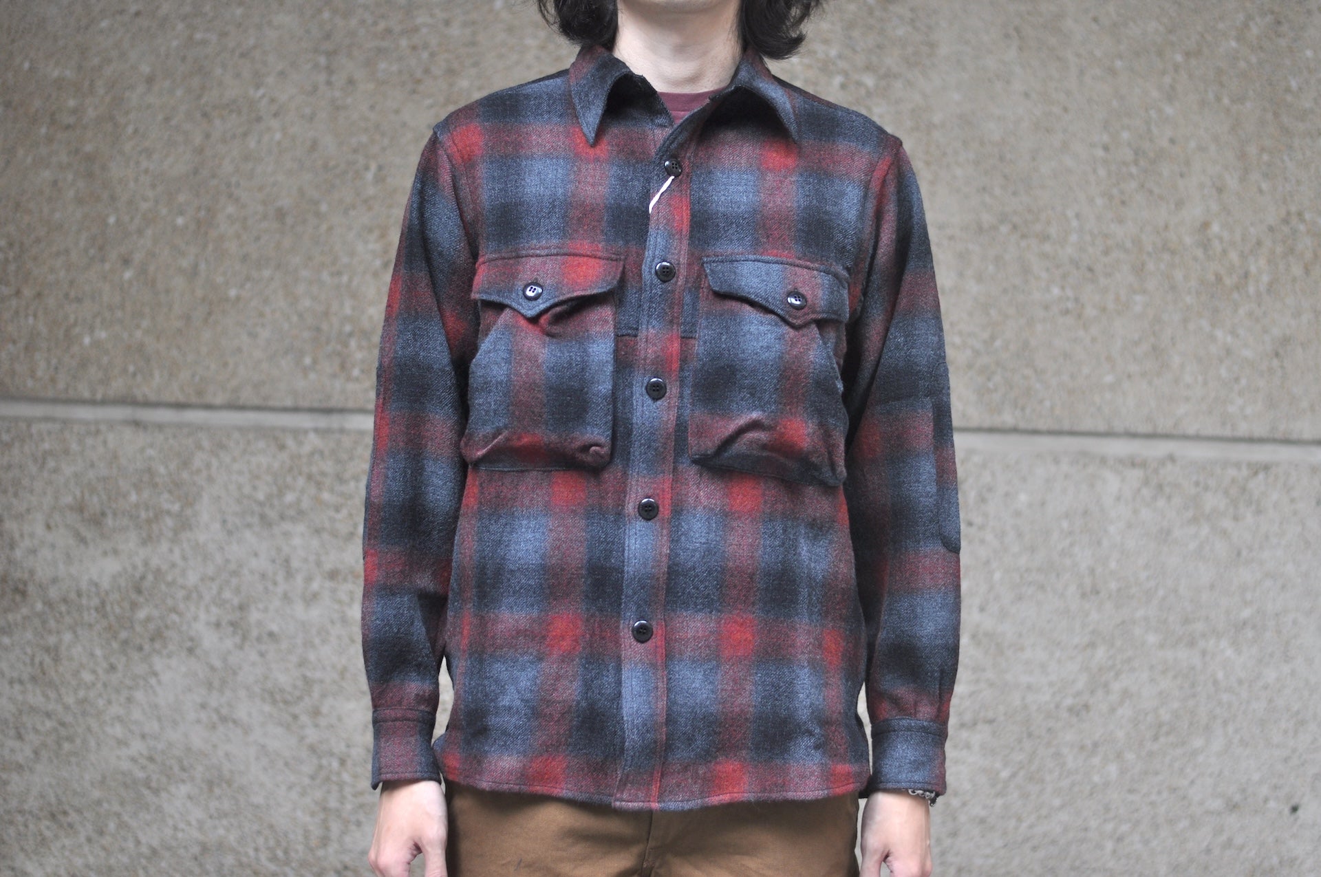 Freewheelers “HIGHBALLER” Ombre Check Wool Logger Shirt (Black X Grey X Red)