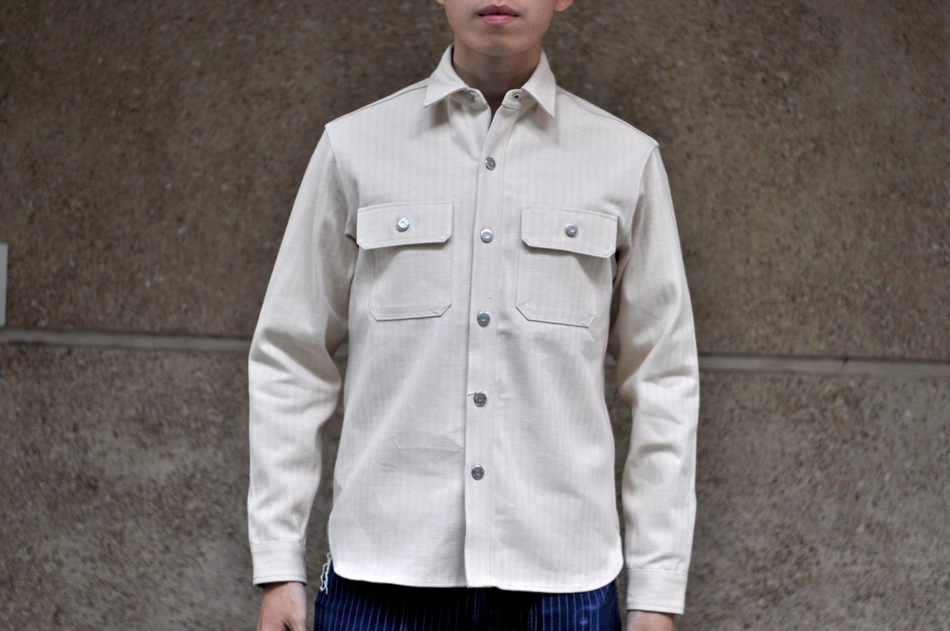 Unique Garment 14oz Selvage HBT 'Officer' Utility Jacketed Shirt (Straw)