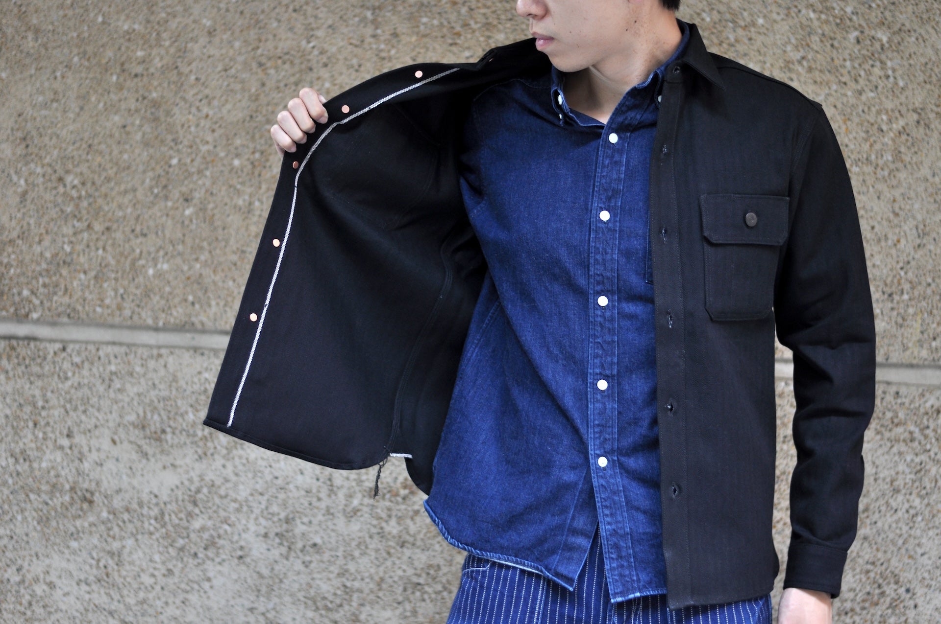 Unique Garment 14oz Selvage HBT 'Officer' Utility Jacketed Shirt (Black)