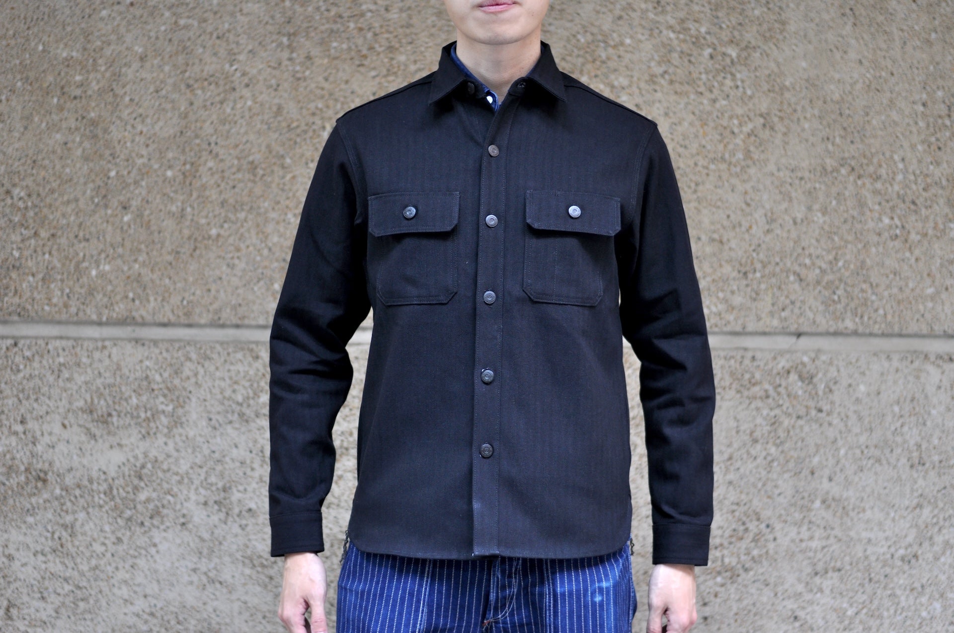 Unique Garment 14oz Selvage HBT 'Officer' Utility Jacketed Shirt (Black)