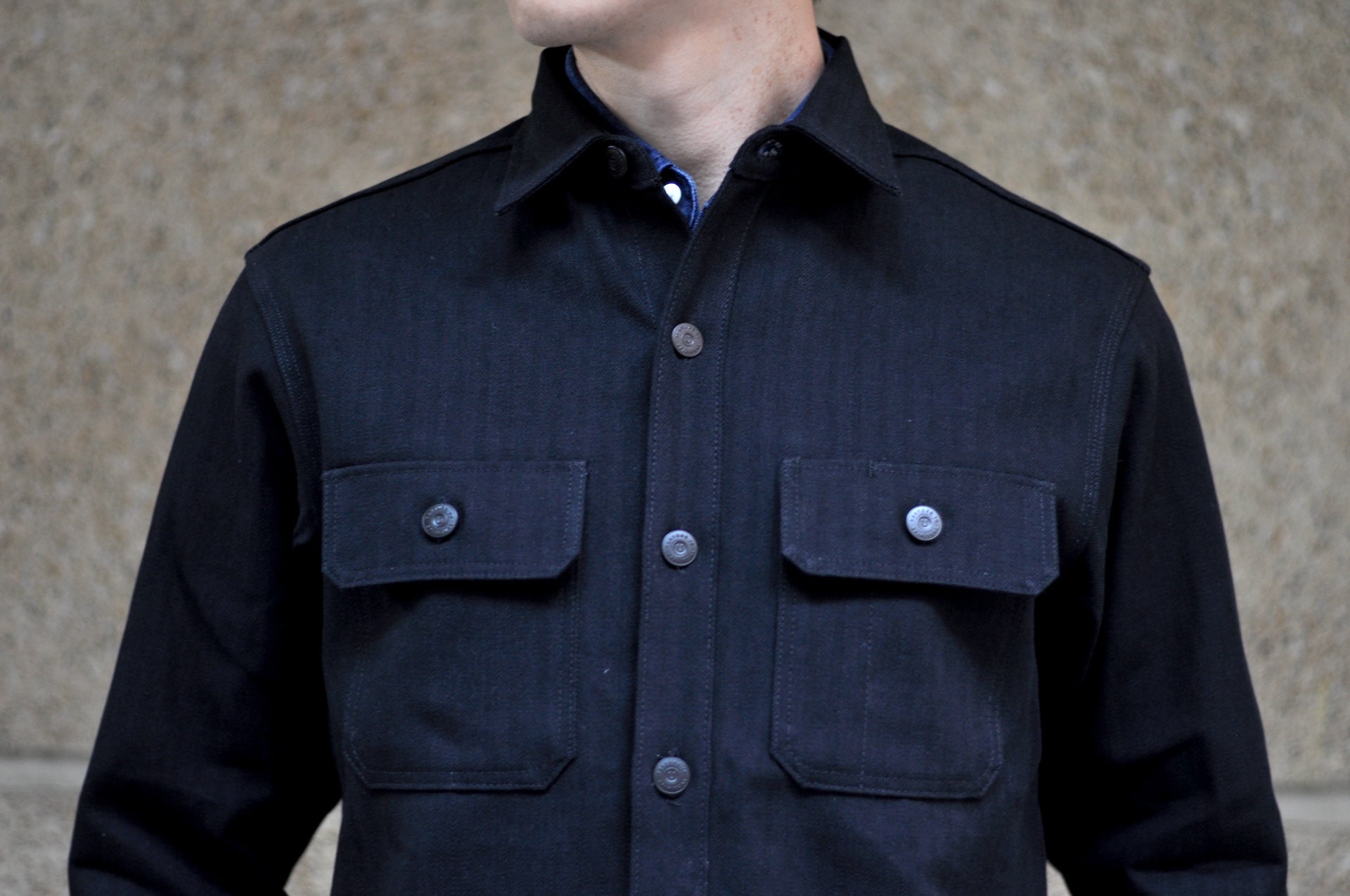 Unique Garment 14oz Selvage HBT 'Officer' Utility Jacketed Shirt (Black)