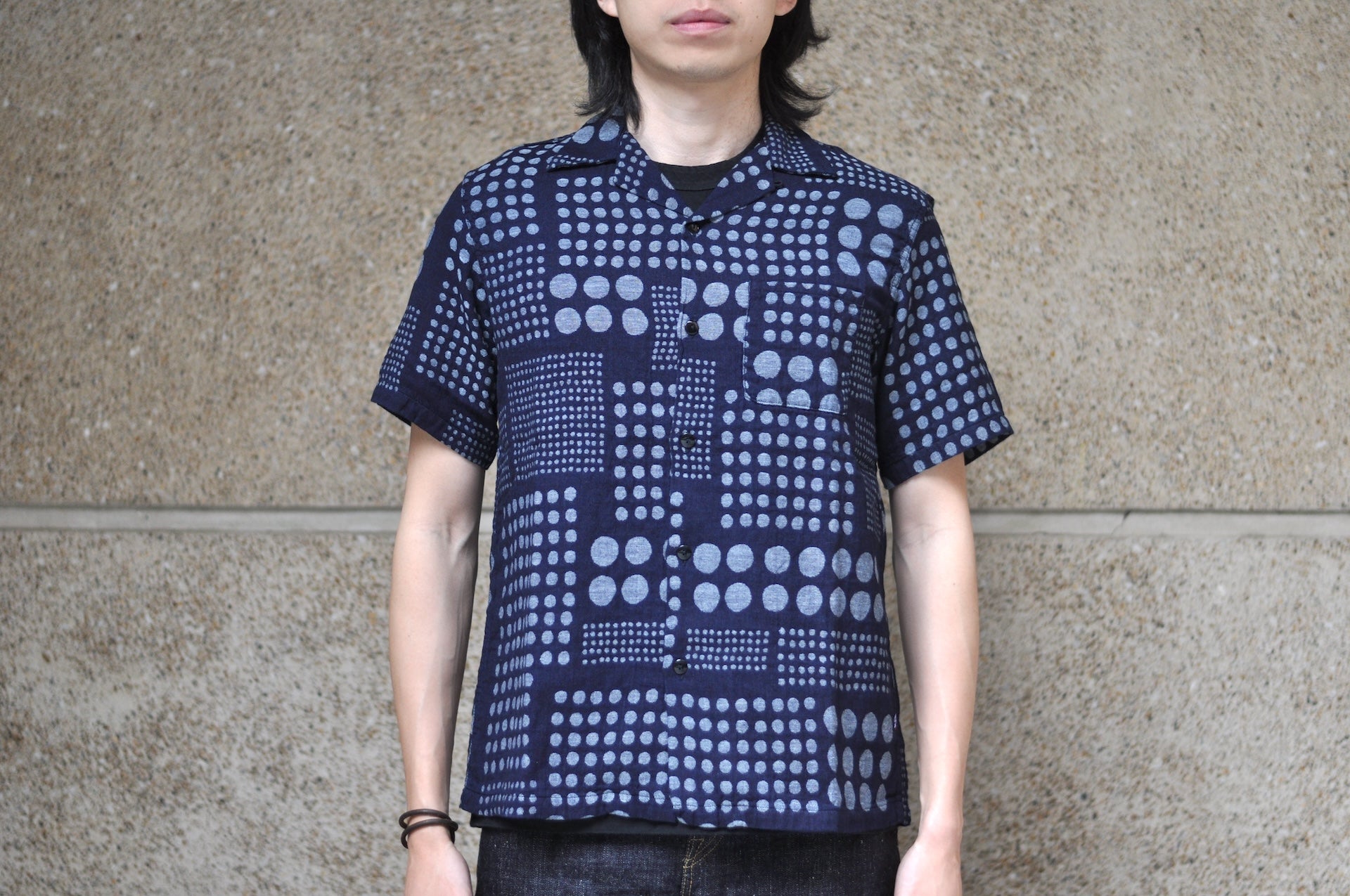 Pure Blue Japan Indigo Dyed “Dimensional Dots” S/S Open Collar Shirt
