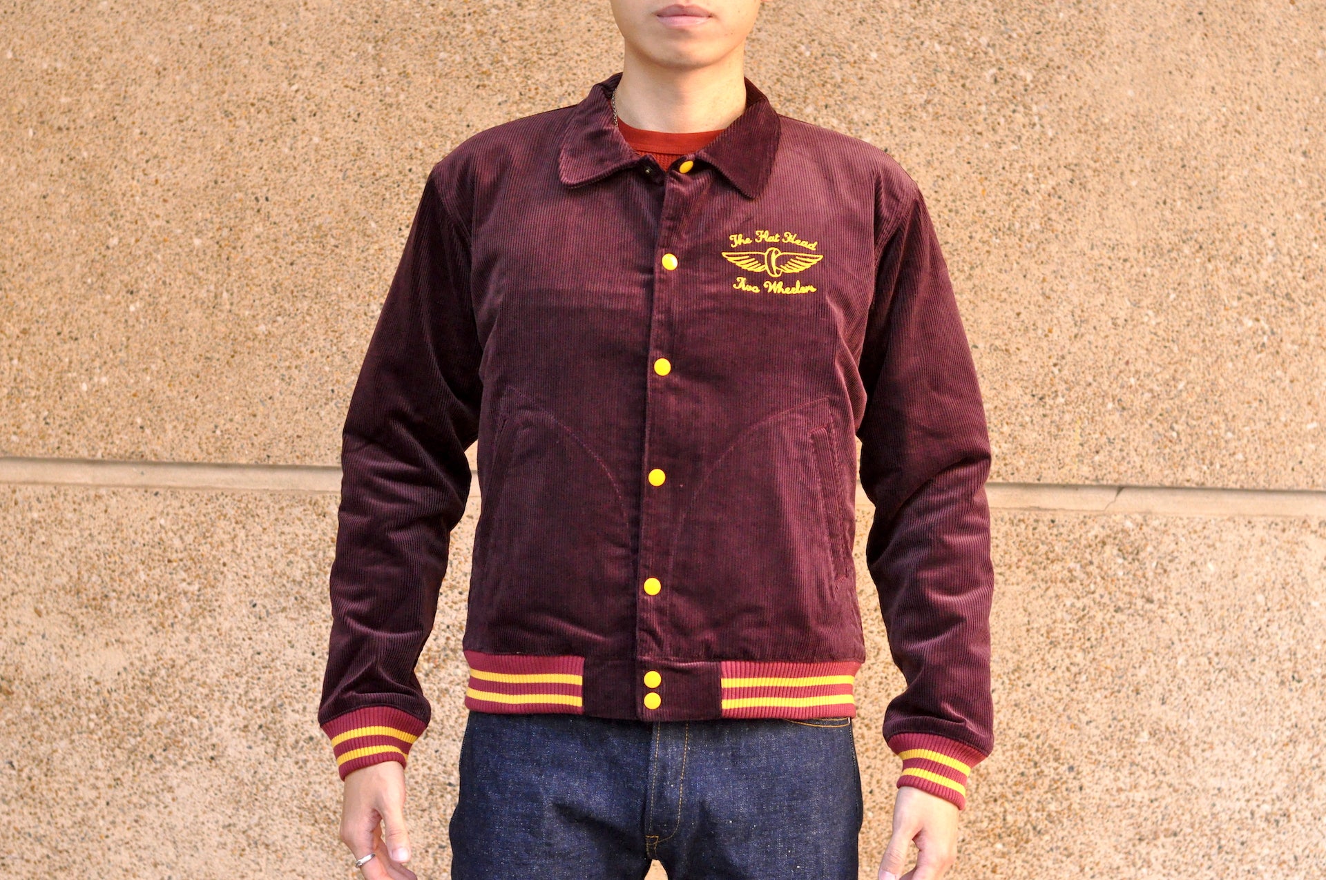 The Flat Head Heavyweight Corduroy Varsity Jacket (Burgundy)